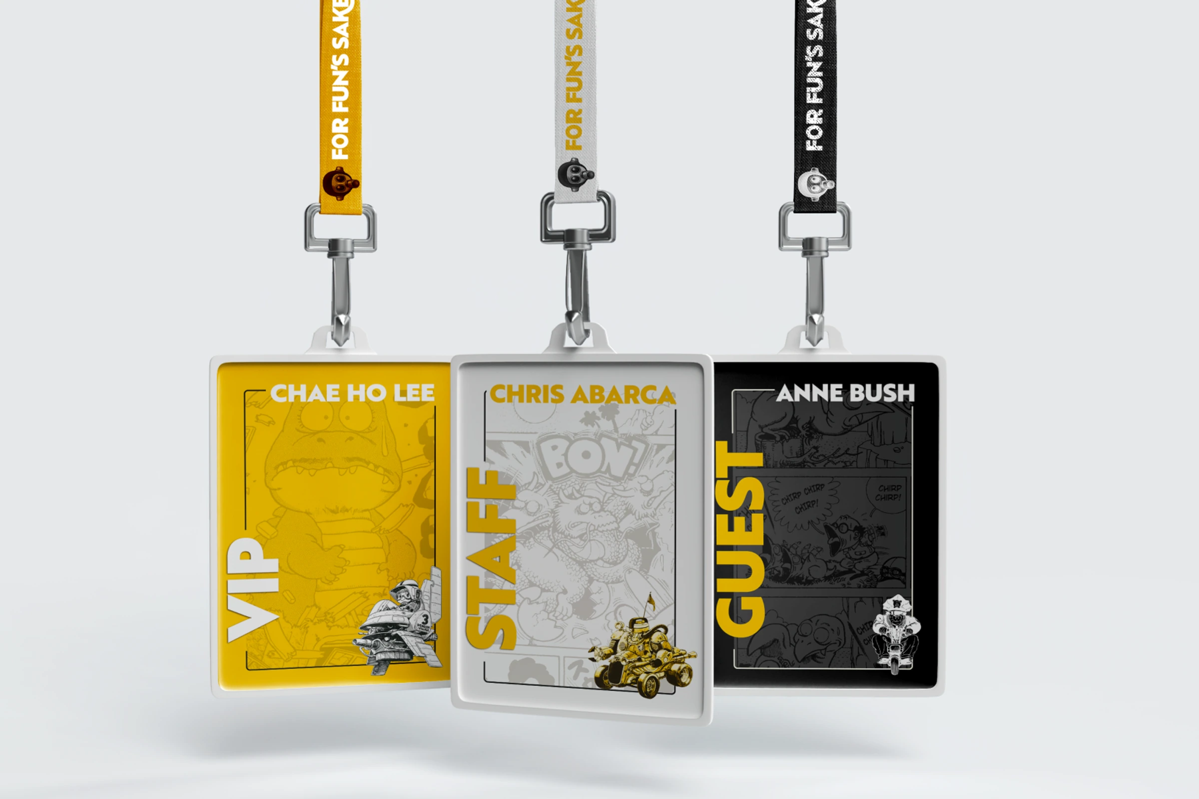 For Fun's Sake exhibition badge and lanyard system in yellow, white, and black.