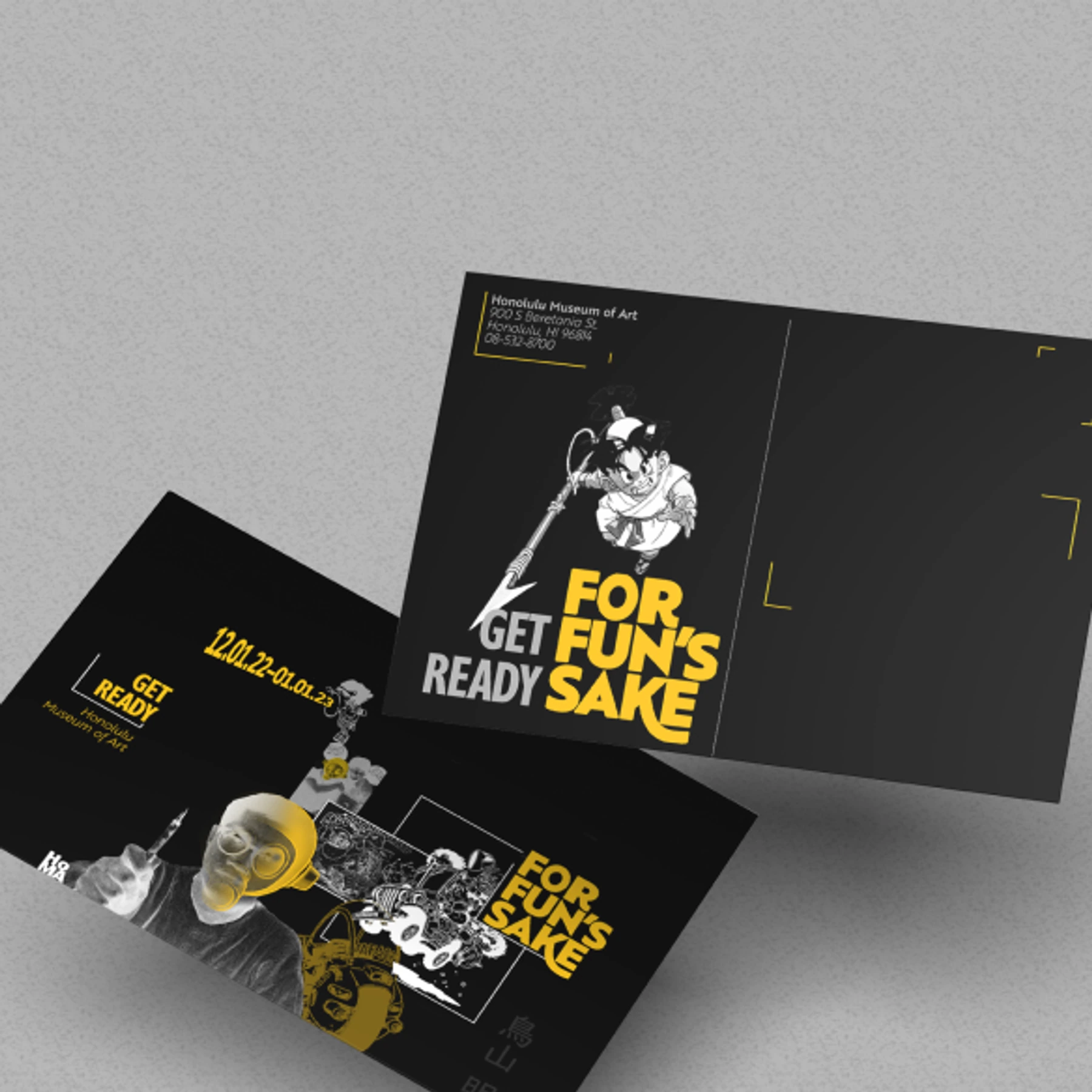 Black For Fun's Sake booklet and packaging pieces on a gray surface.