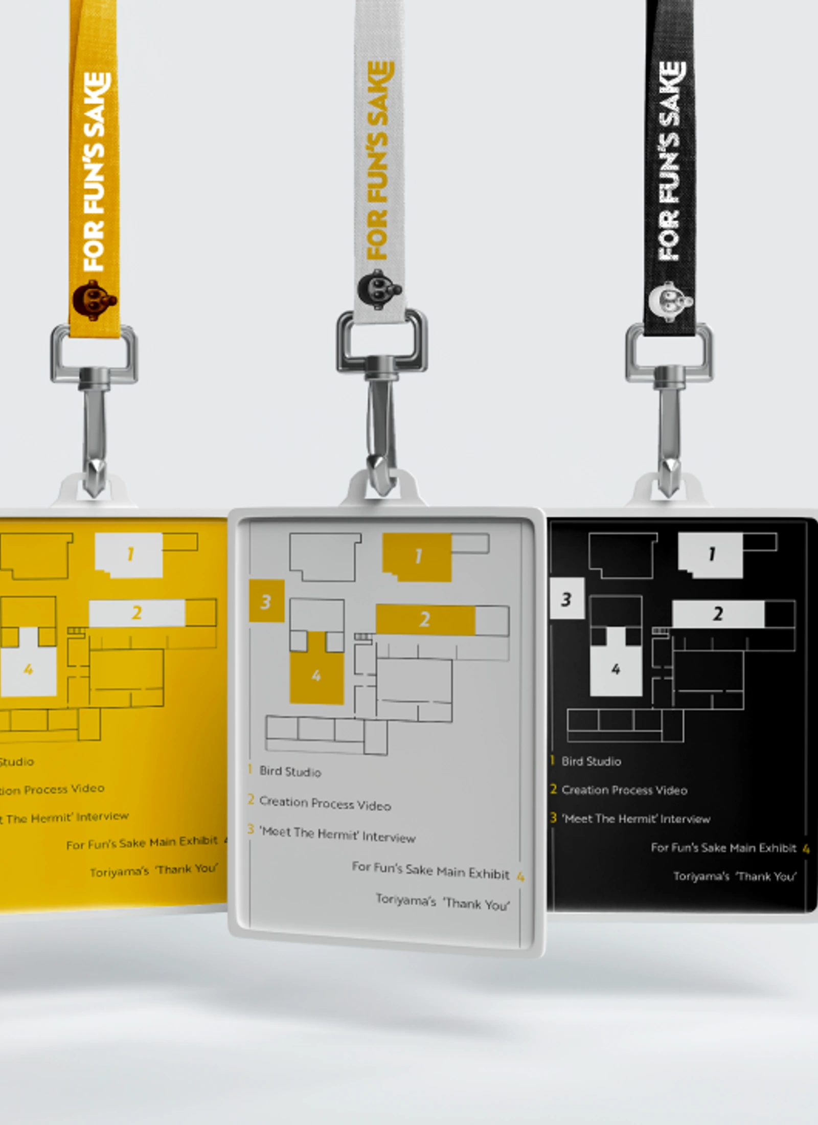 Three For Fun's Sake mobile app screens and badge layouts in yellow, white, and black.