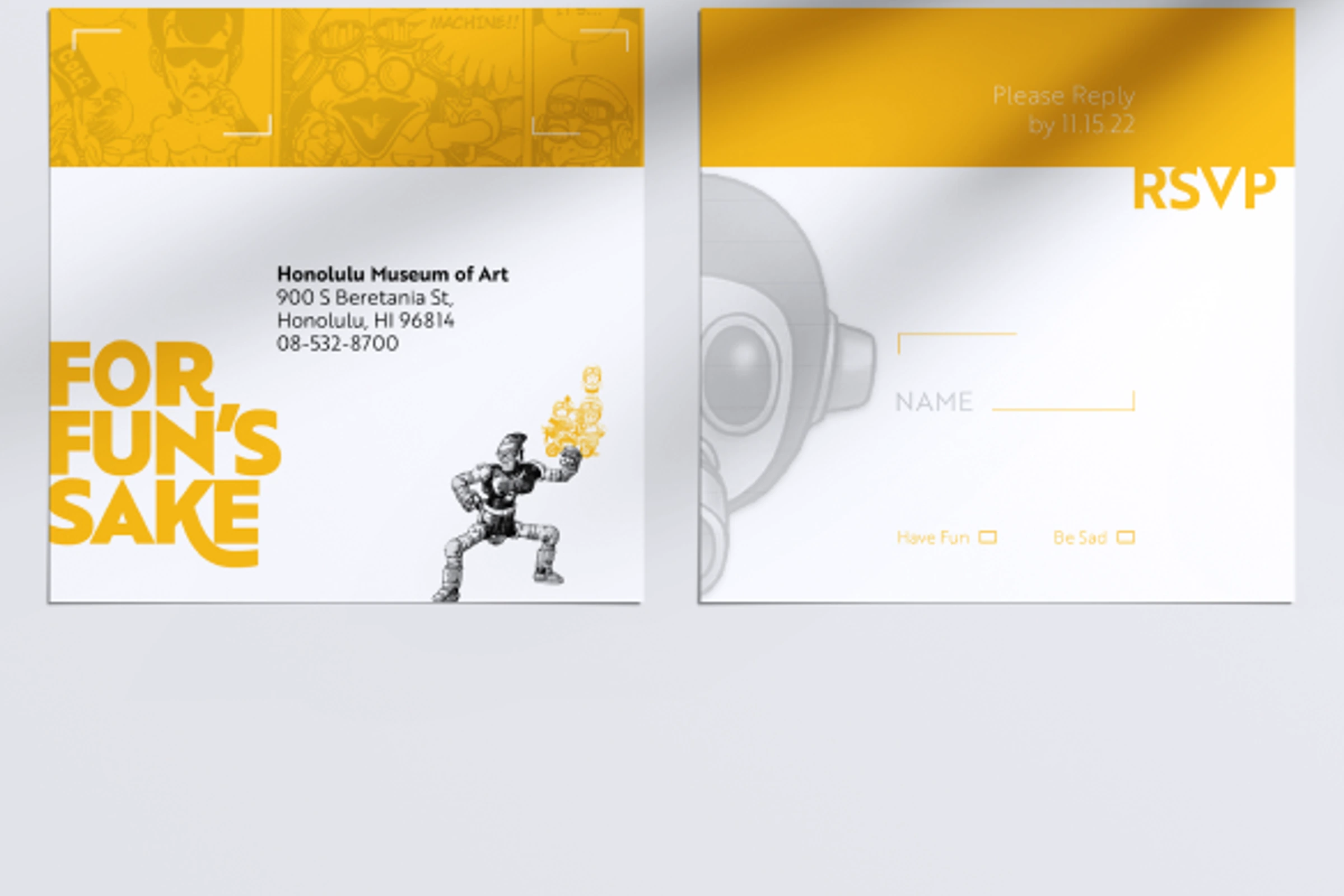 For Fun's Sake printed invitation cards with yellow and white panels.