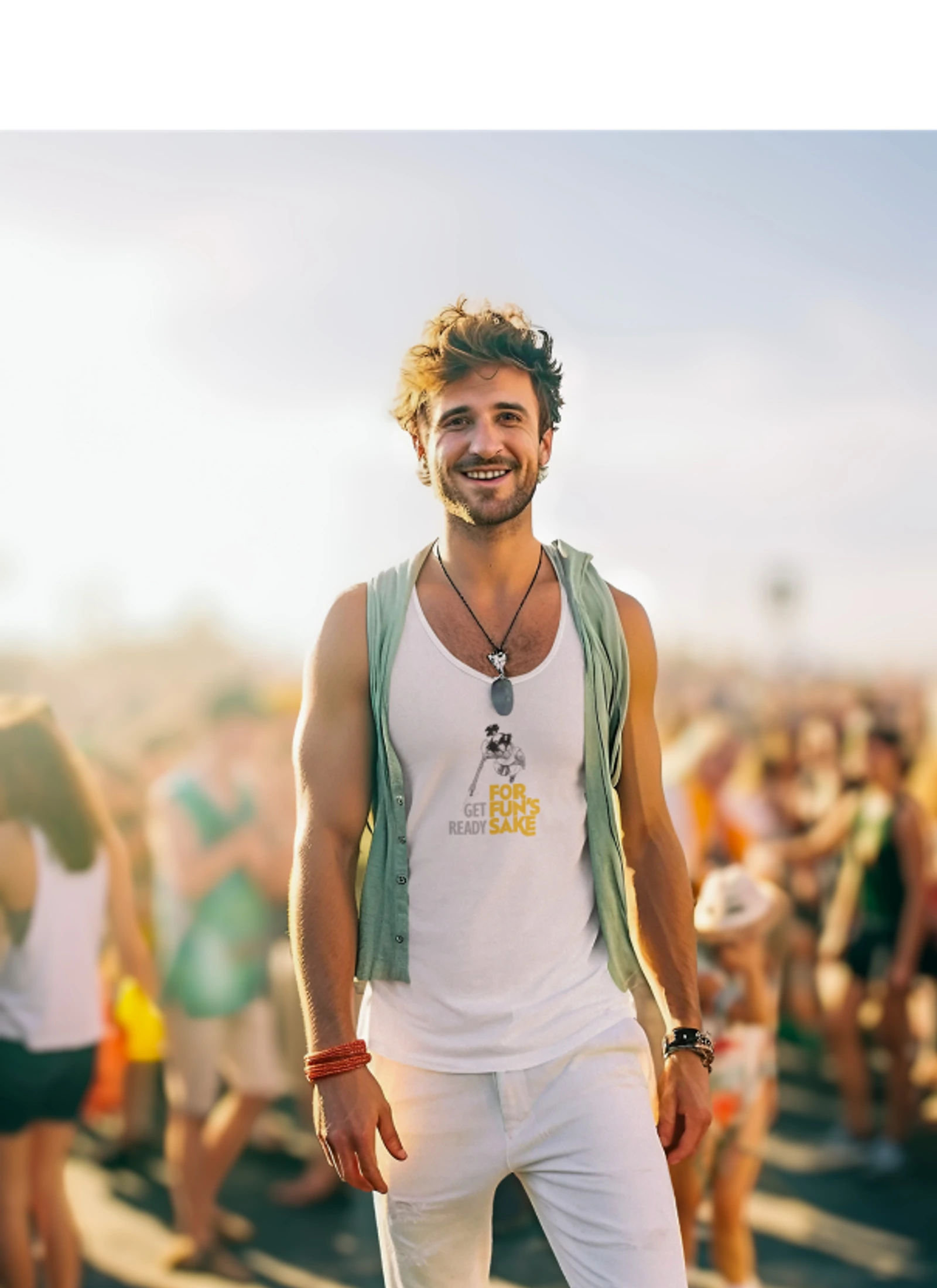 Person wearing a For Fun's Sake lanyard badge at an outdoor event.