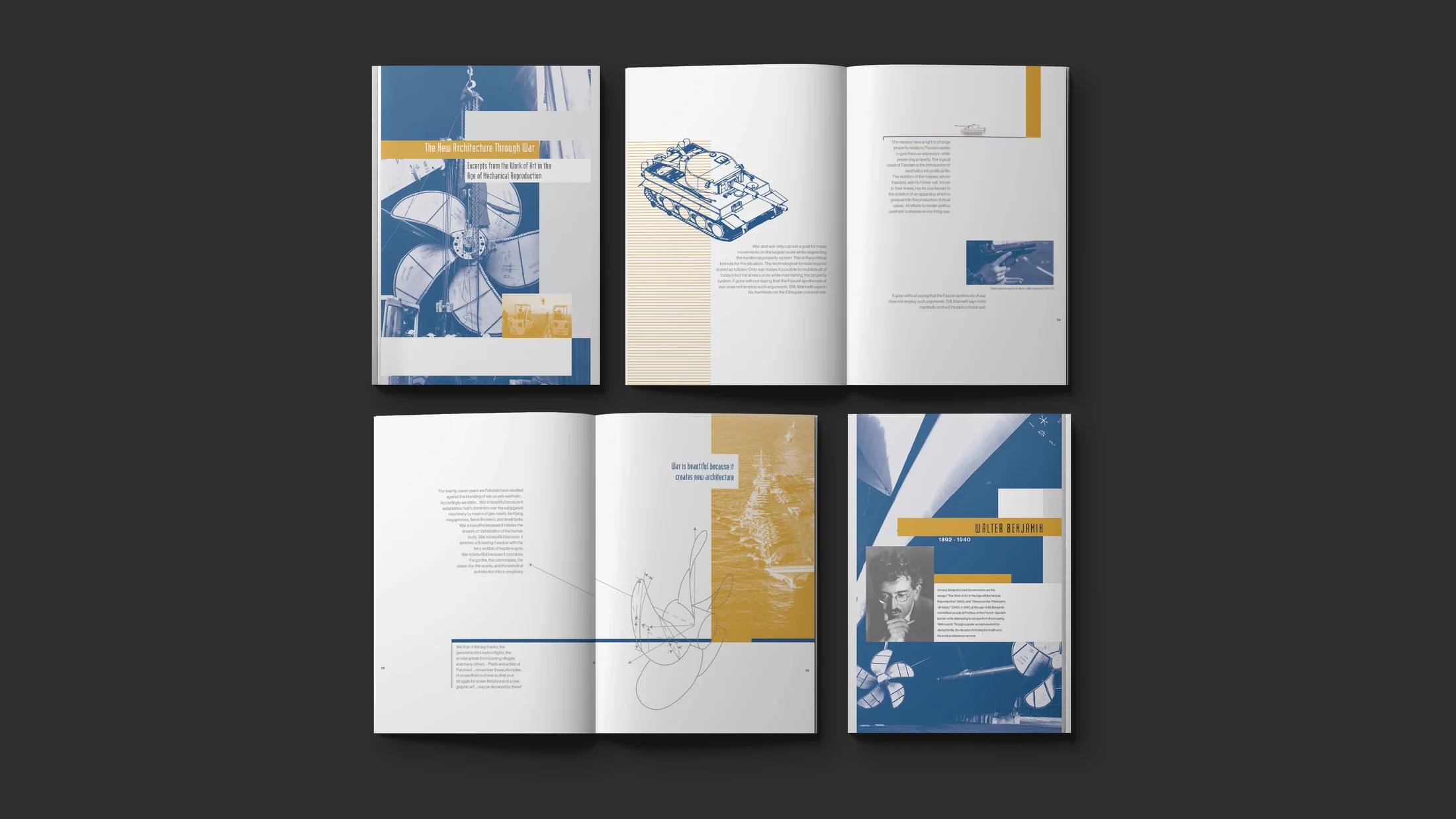 Editorial booklet spreads arranged on a dark surface.
