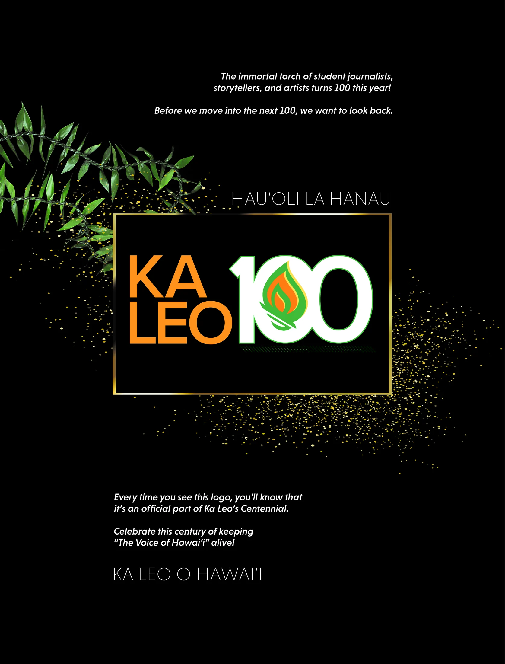 Ka Leo centennial print advertisement on a black background.