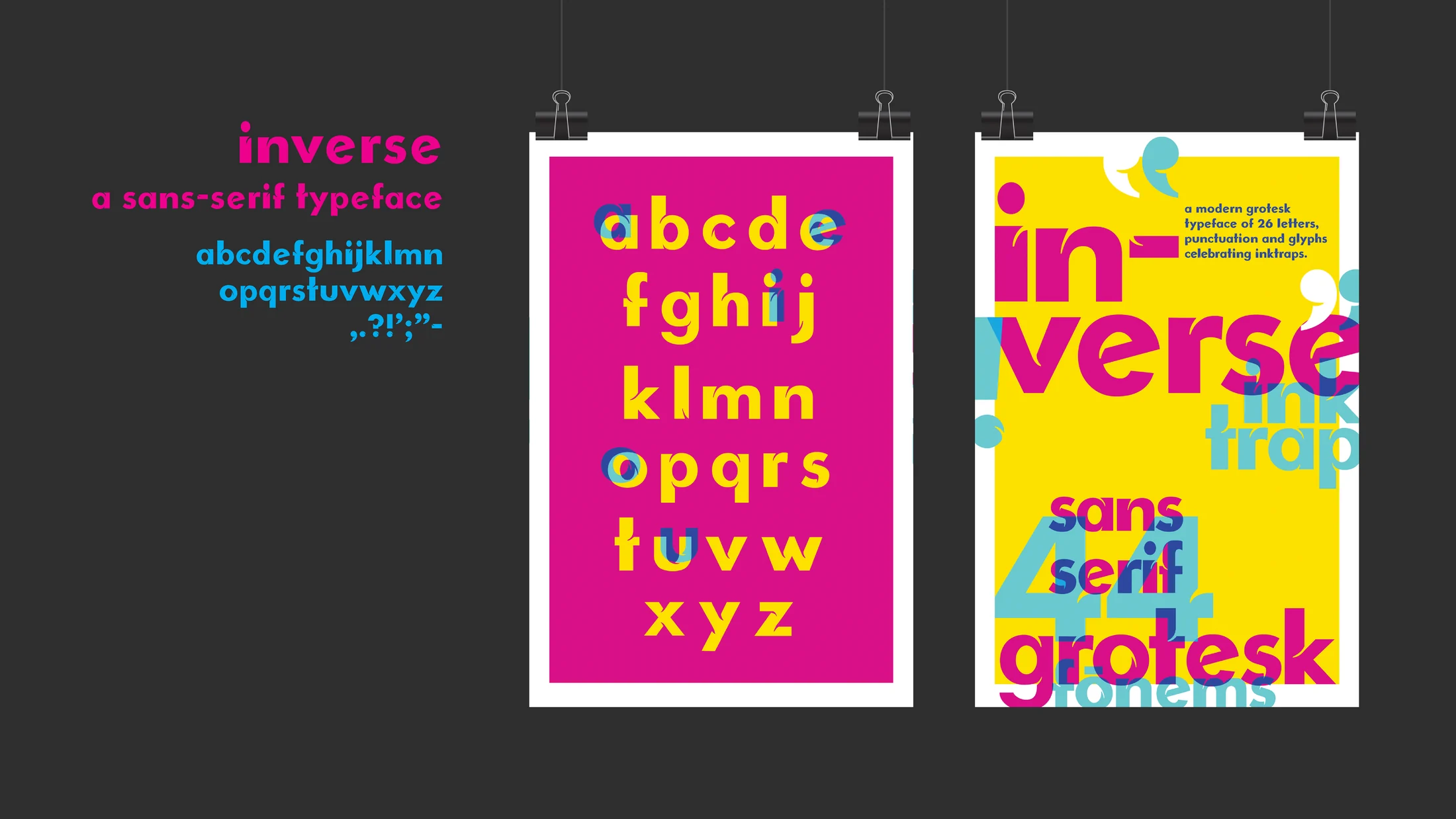 Typeface specimen with bright yellow and magenta pages.