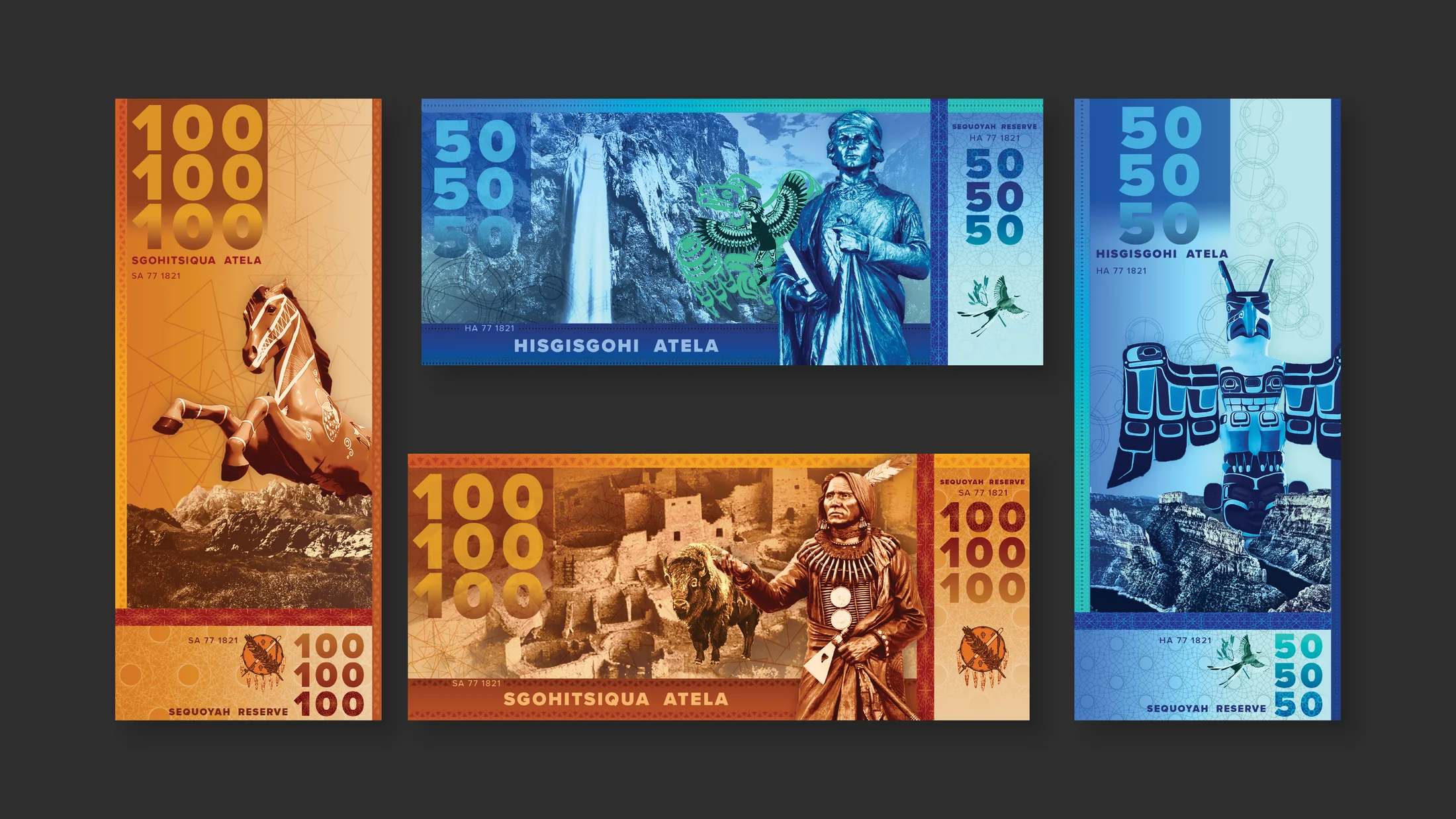 Colorful fictional banknotes arranged in rows.