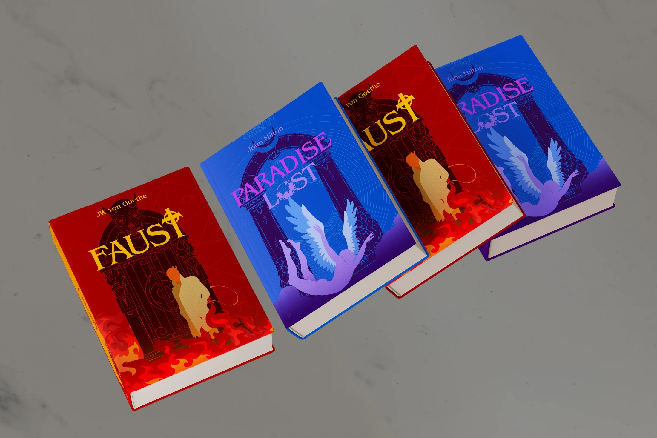 Four illustrated redesigns for Faust and Paradise Lost arranged together.