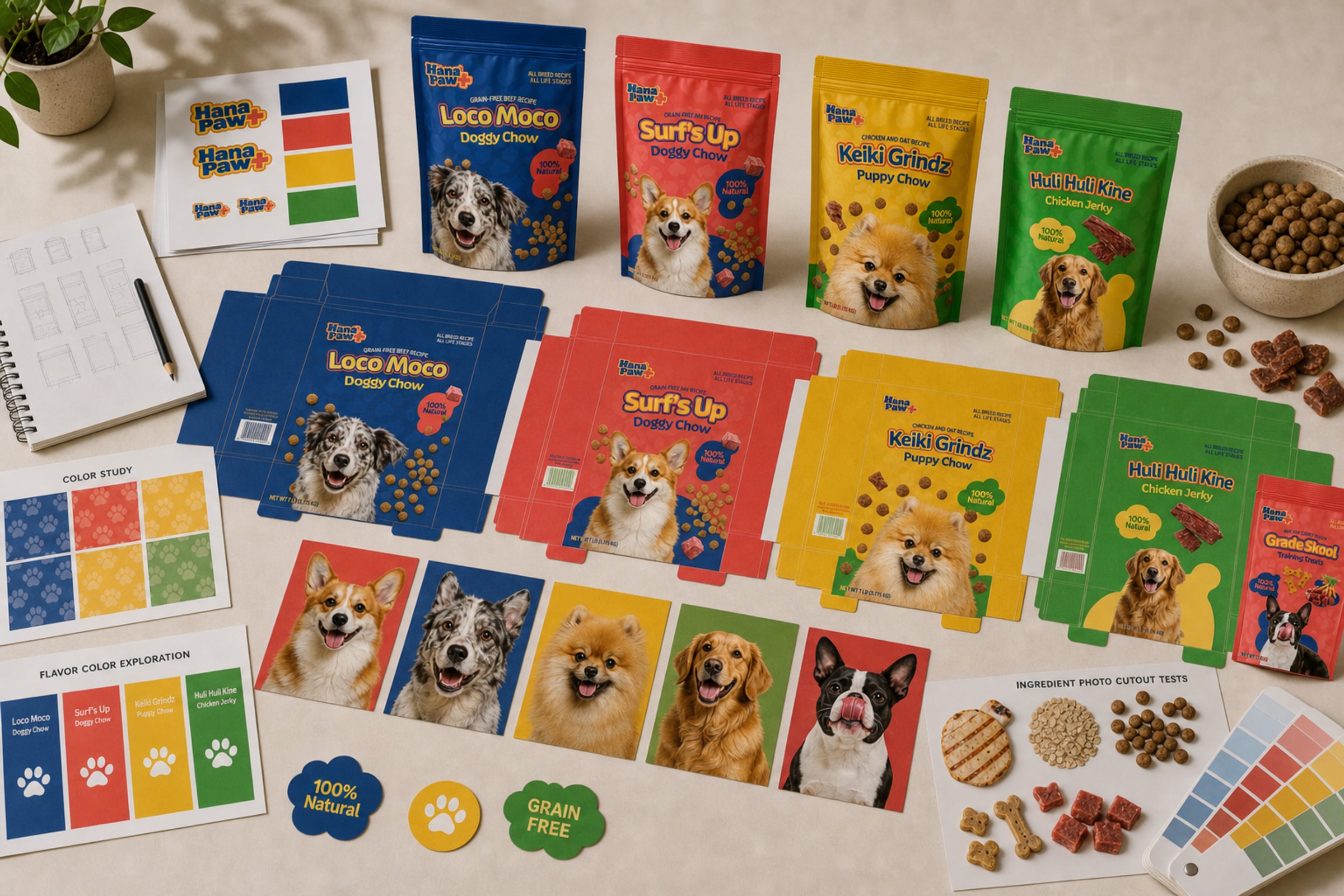 Hana Paw packaging process table with dielines, color studies, source package designs, pet photo tests, and ingredient cutouts.