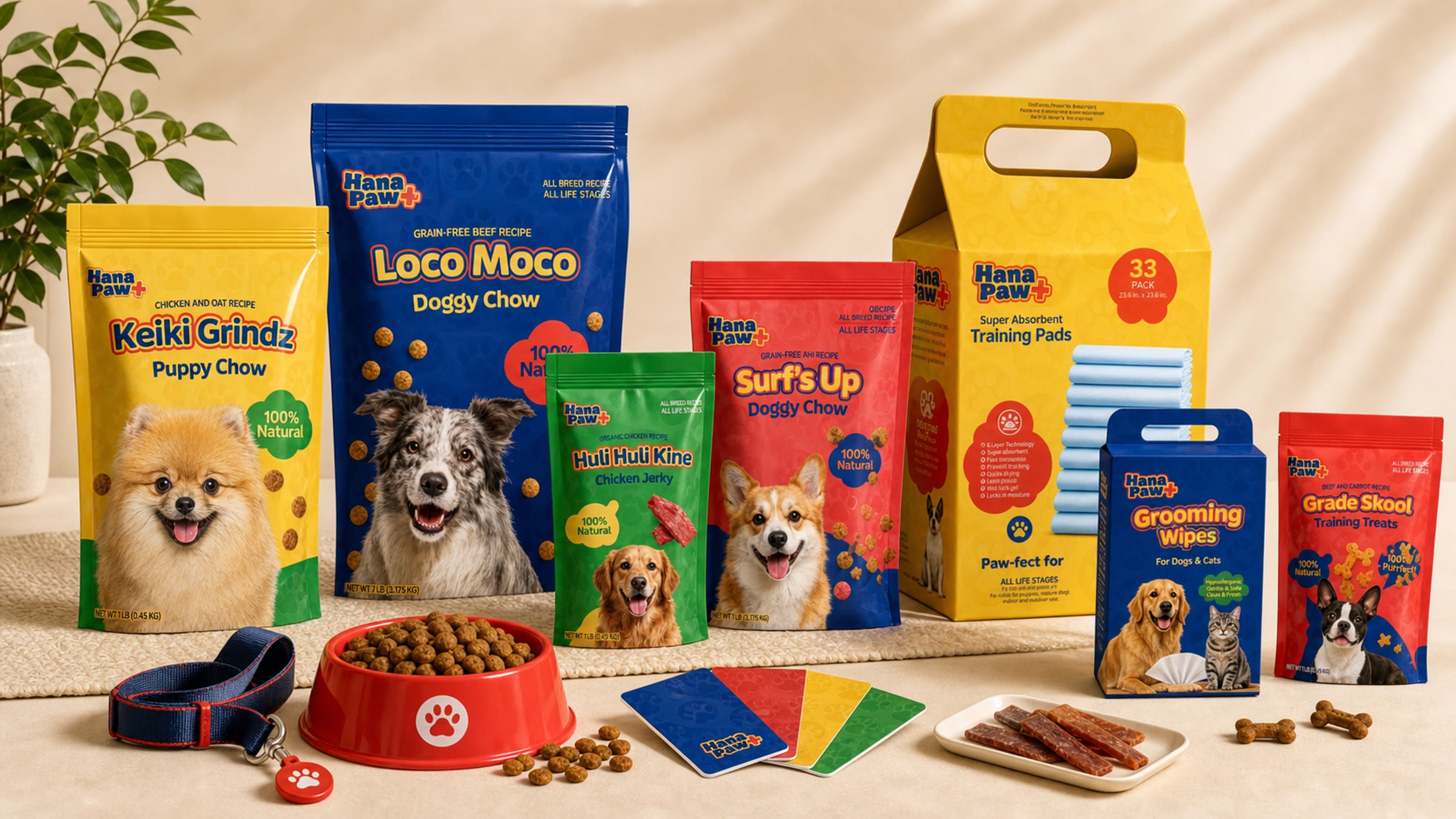 Hana Paw product family tabletop scene with meal bags, training pads, grooming wipes, treats, bowl, leash, and color cards.