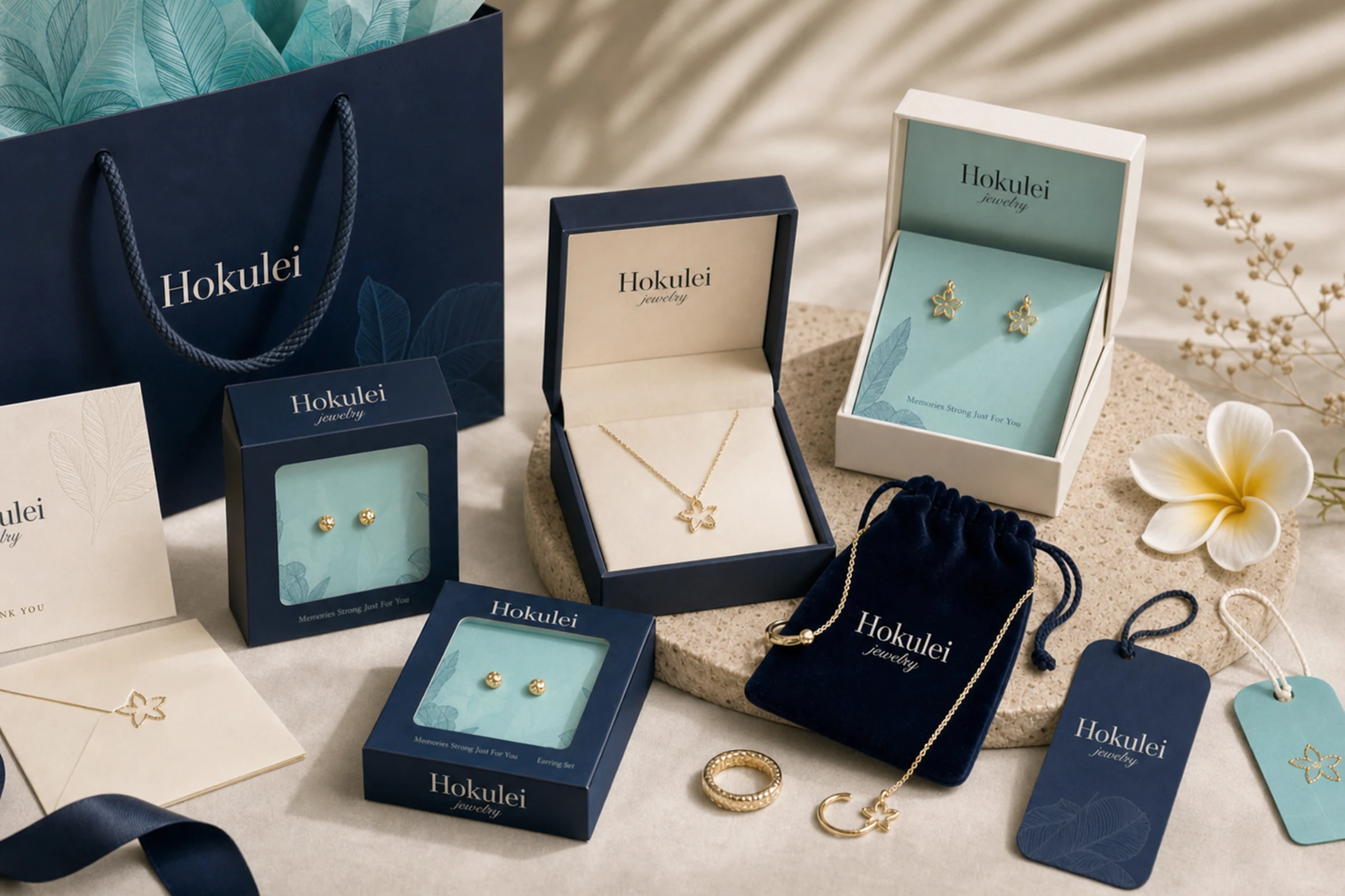 Hoku Lei jewelry packaging suite with navy gift bag, aqua botanical tissue, windowed boxes, pouch, cards, tags, and gold jewelry.