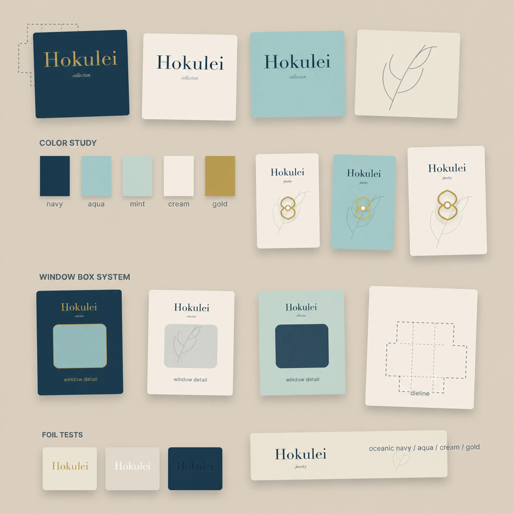 Hoku Lei packaging study board with color swatches, logo cards, botanical line art, inserts, foil tests, and box mockups.