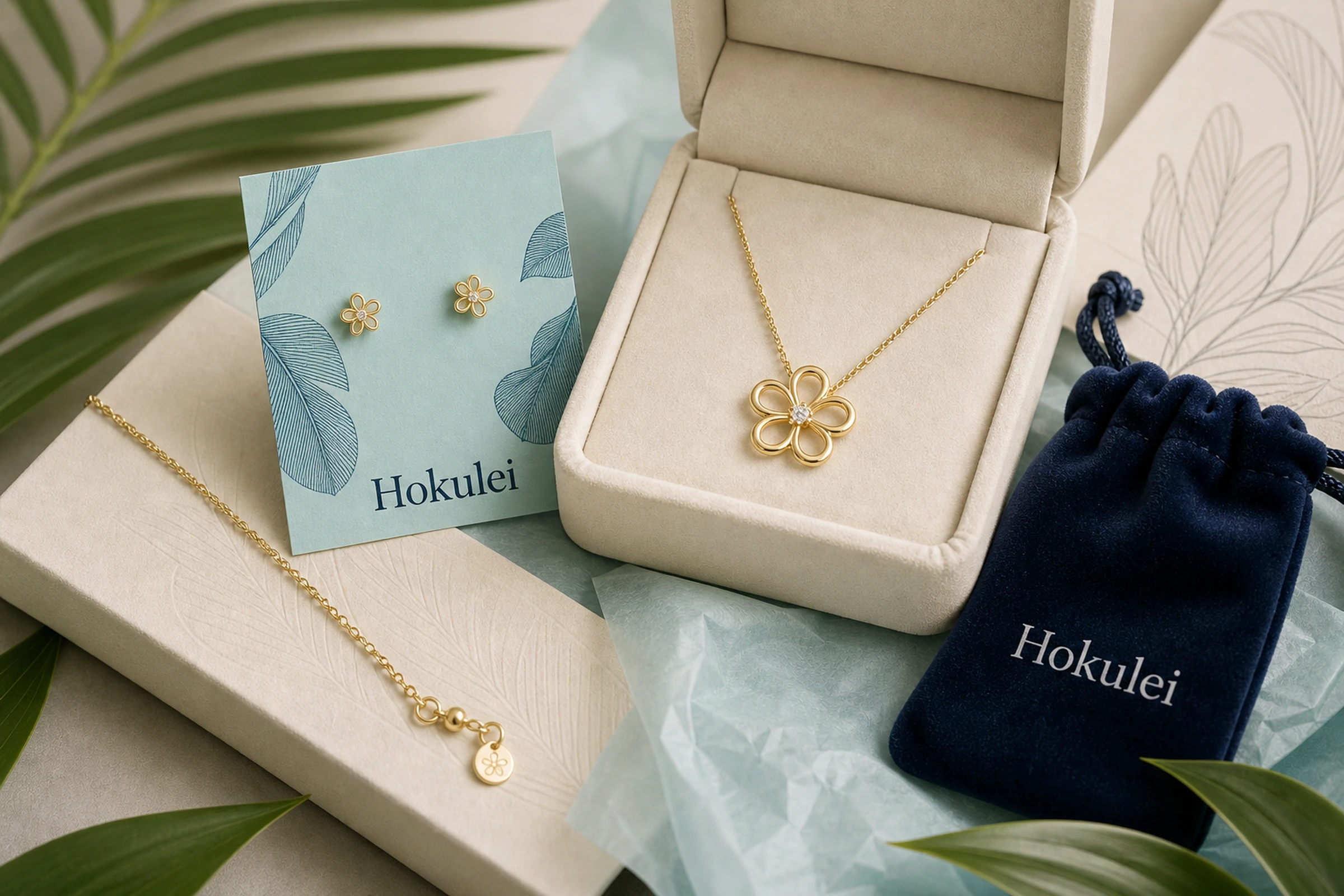 Hoku Lei editorial jewelry detail with gold necklace, earrings, cream box, aqua insert card, navy pouch, and botanical tissue.