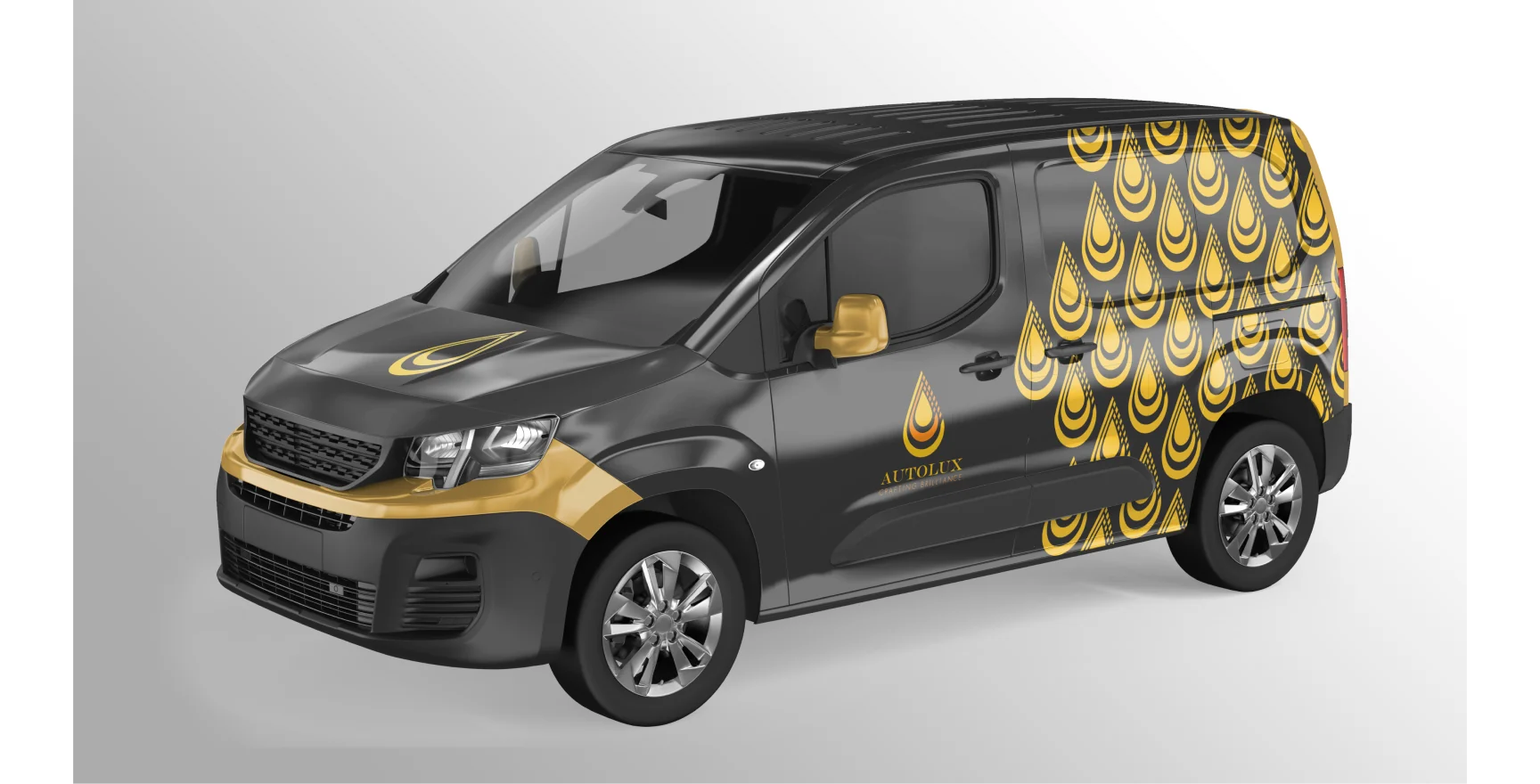 Black Autolux mobile-detailing van with gold droplet pattern livery.