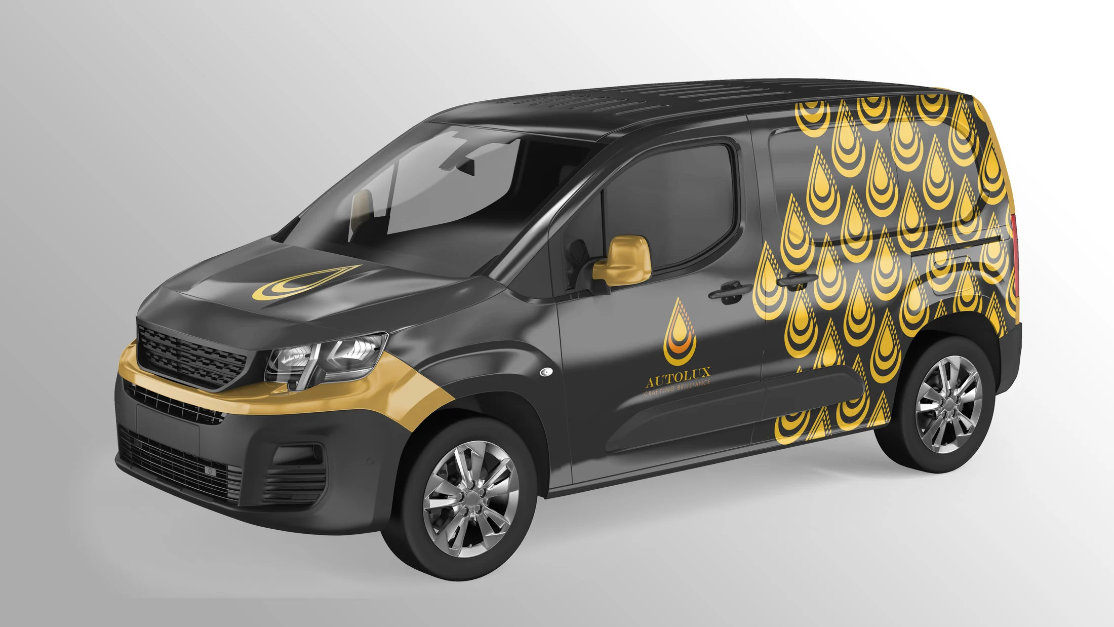 Autolux service van with gold trim and patterned rear panel.