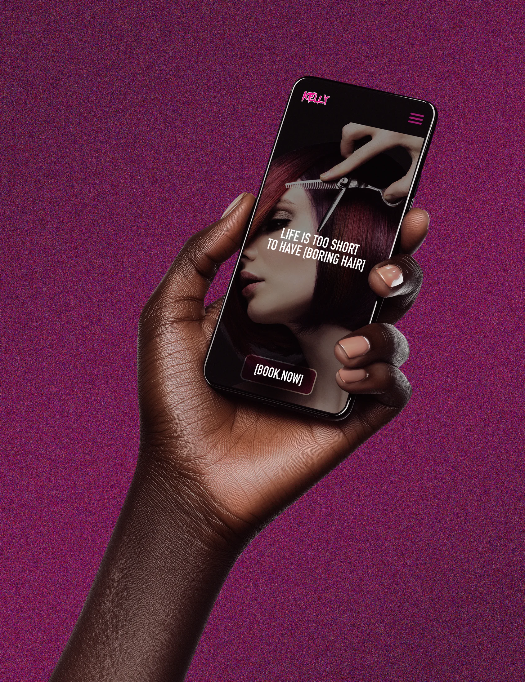Kelly Lui social media application on a phone held against a purple background.