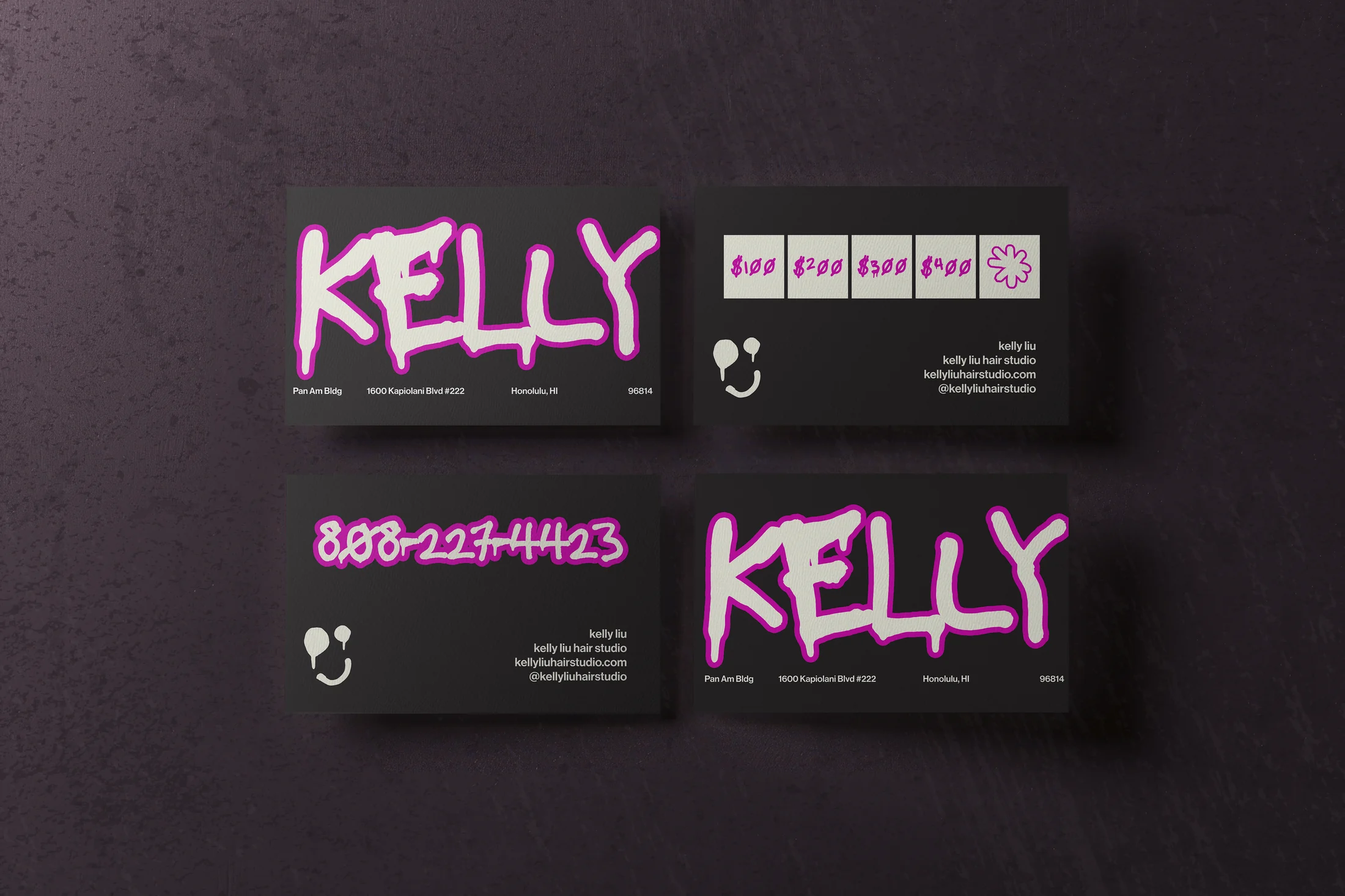 Kelly Lui black identity cards with vivid pink typography.