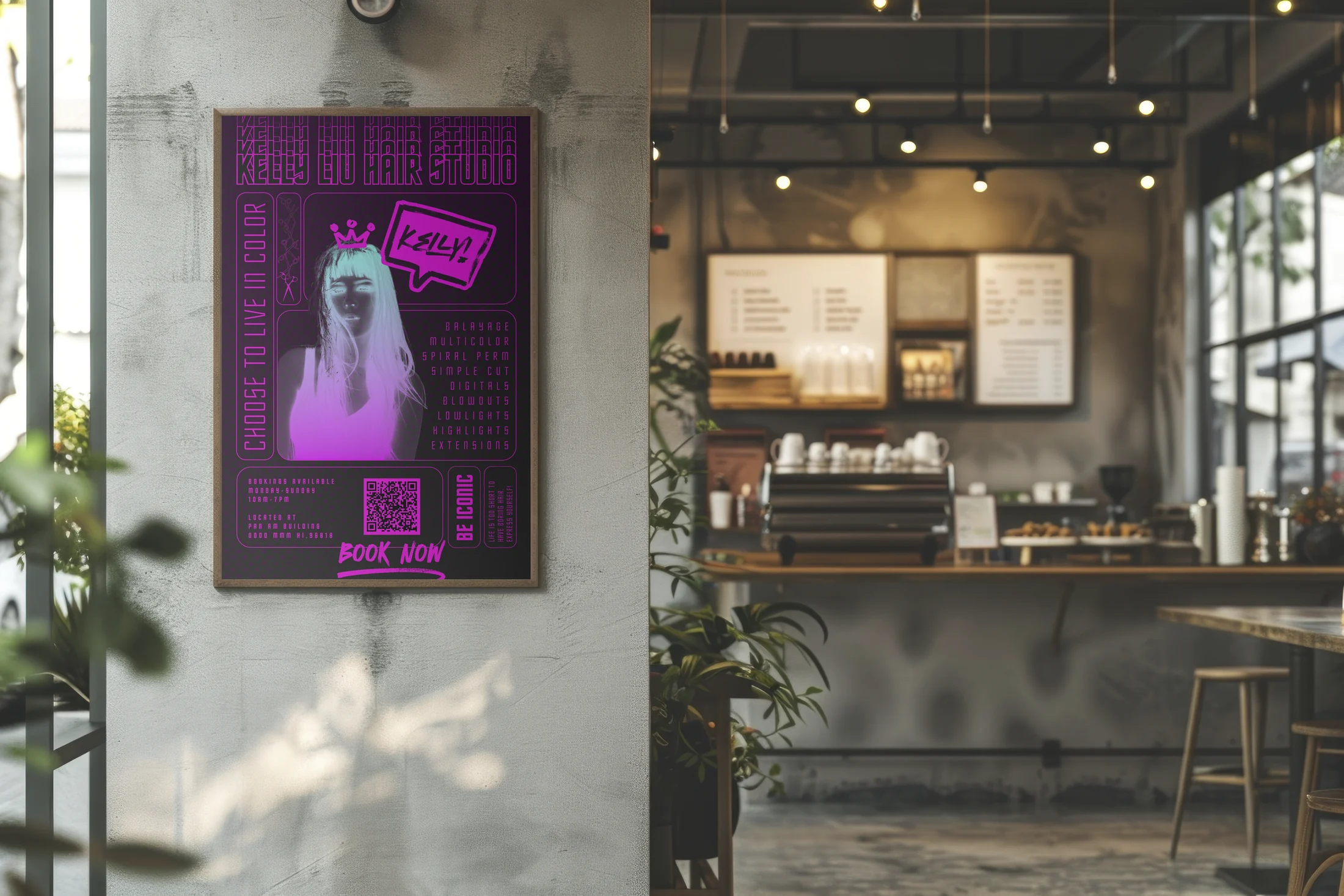 Kelly Lui poster displayed inside a salon window.