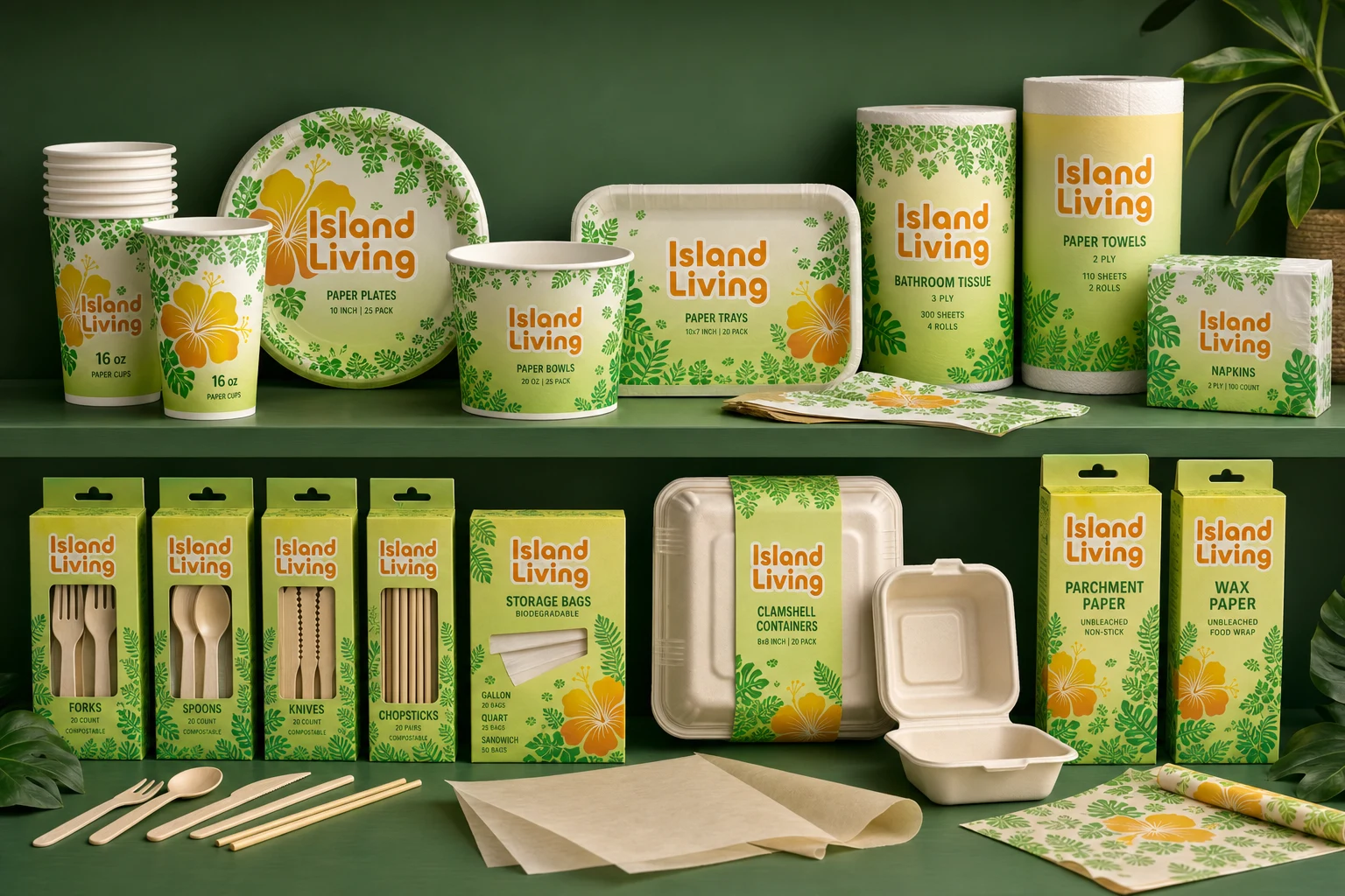 Island Living eco paper goods arranged as a photoreal retail product lineup with cups, plates, bowls, trays, storage bags, cutlery, paper towels, toilet paper, napkins, and food wraps.