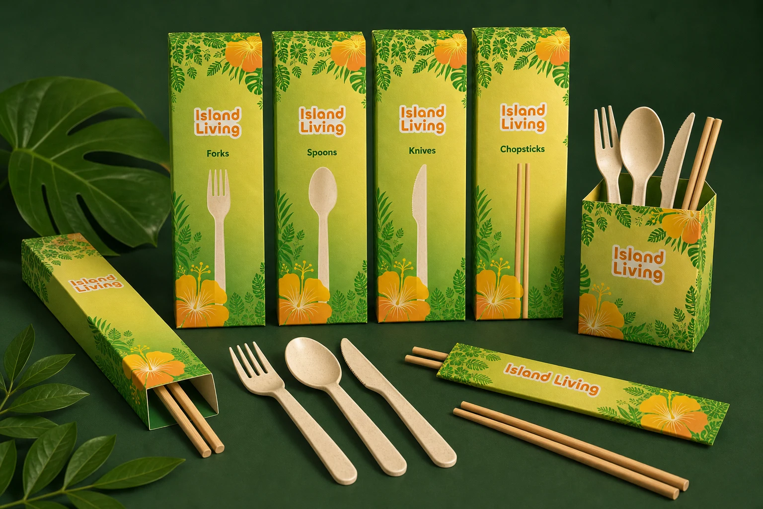 Island Living biodegradable forks, spoons, knives, and chopsticks with coordinated retail cartons.