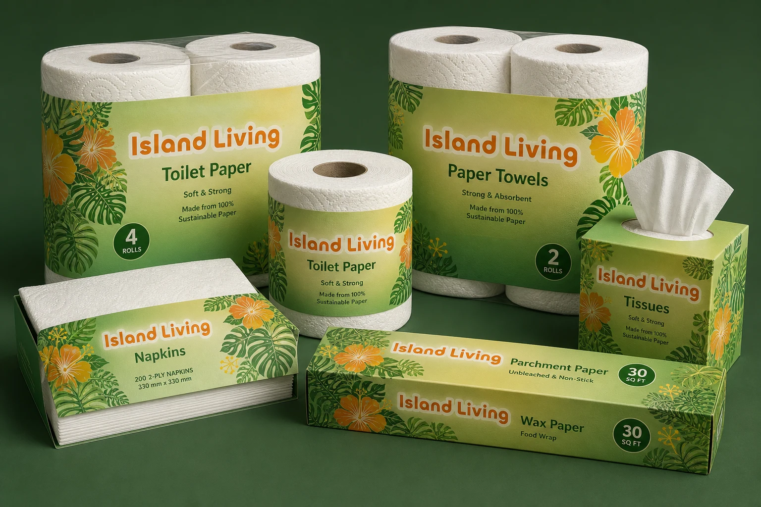 Island Living toilet paper, paper towels, napkins, tissues, parchment paper, and wax paper packaging.