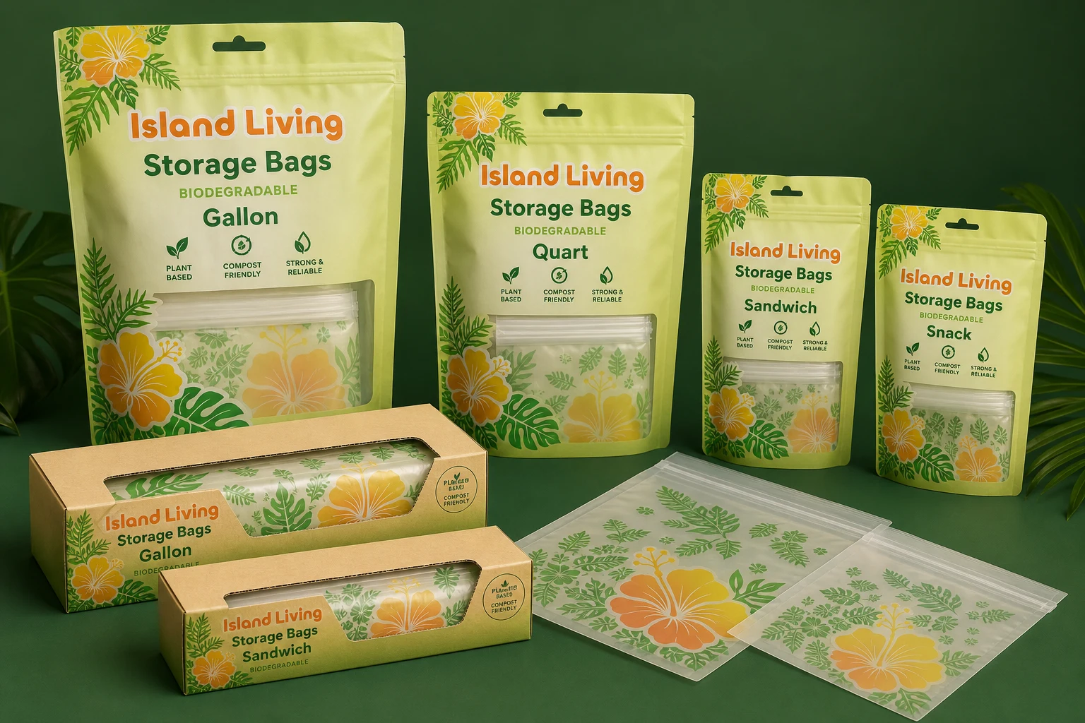 Island Living biodegradable storage bags in gallon, quart, sandwich, and snack sizes with translucent bags and matching pouches.