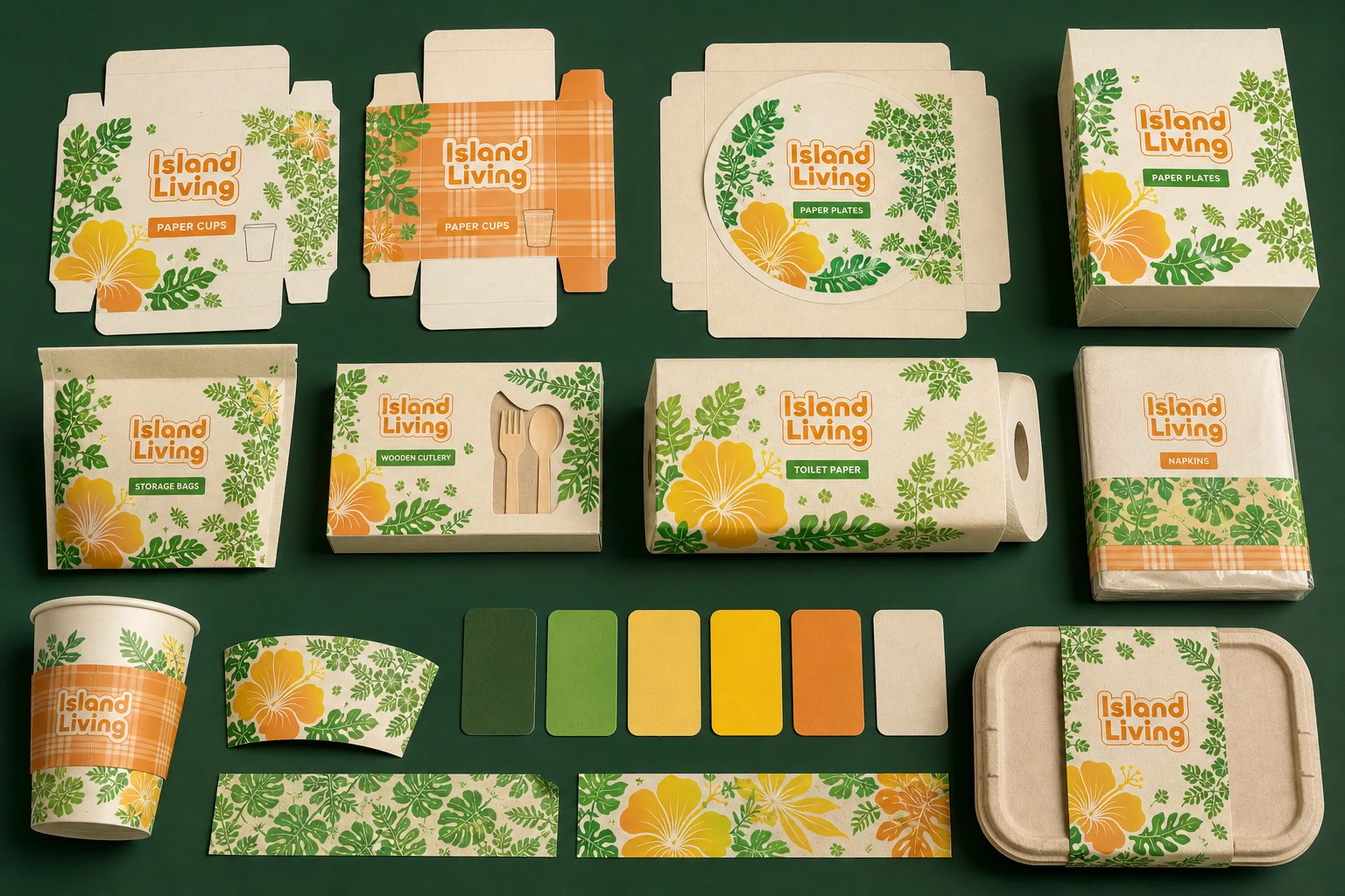 Island Living packaging and color study board with dieline flats, product wraps, botanical pattern strips, and green, yellow, orange, and cream swatches.