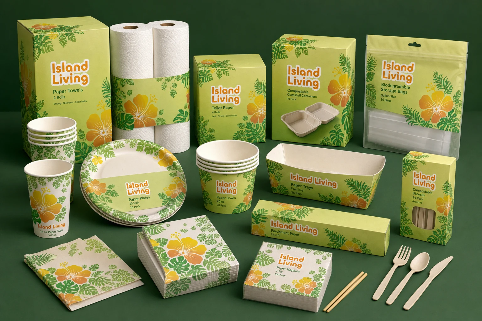 Island Living eco goods product family overview with paper cups, plates, trays, toilet paper, paper towels, napkins, storage bags, cutlery, and food containers.