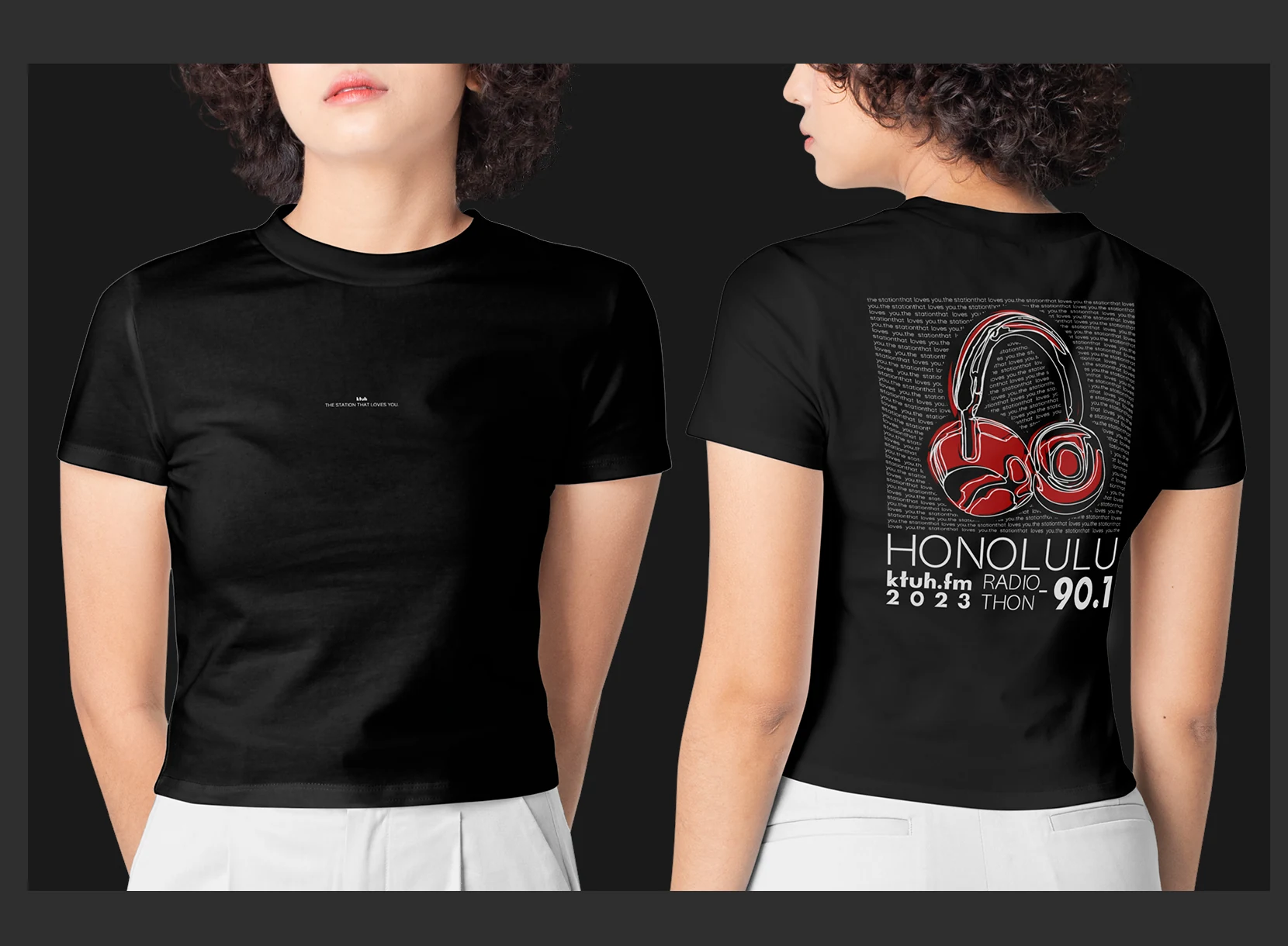 Front and back views of a black KTUH campaign T-shirt.