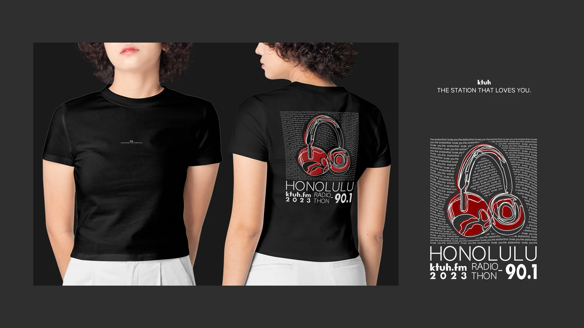 KTUH fundraising campaign identity shown across a black T-shirt and typographic poster.