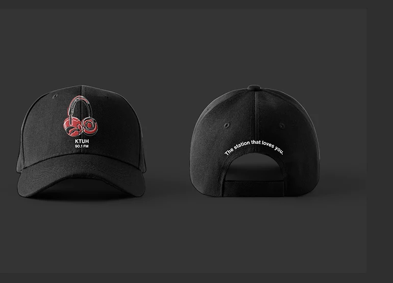 Front and back views of a black embroidered KTUH cap.