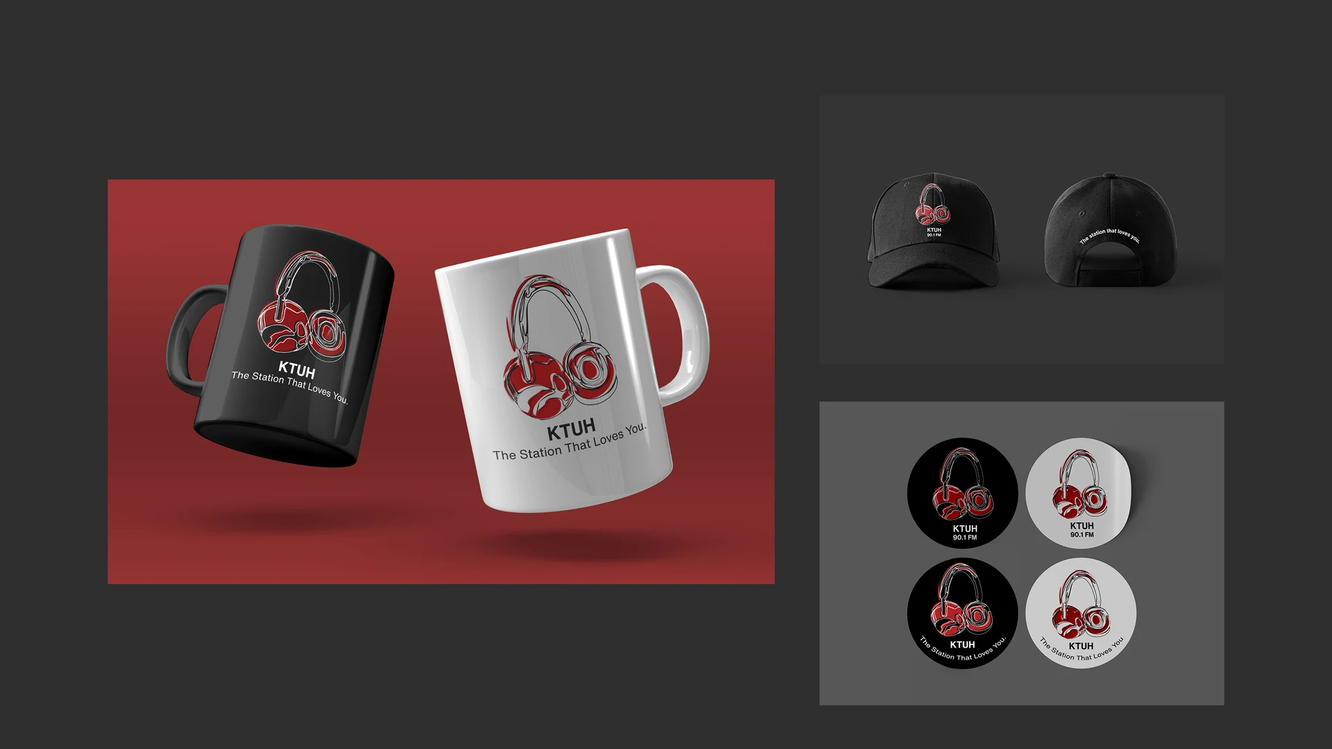 KTUH campaign merchandise including mugs, caps, and circular stickers.