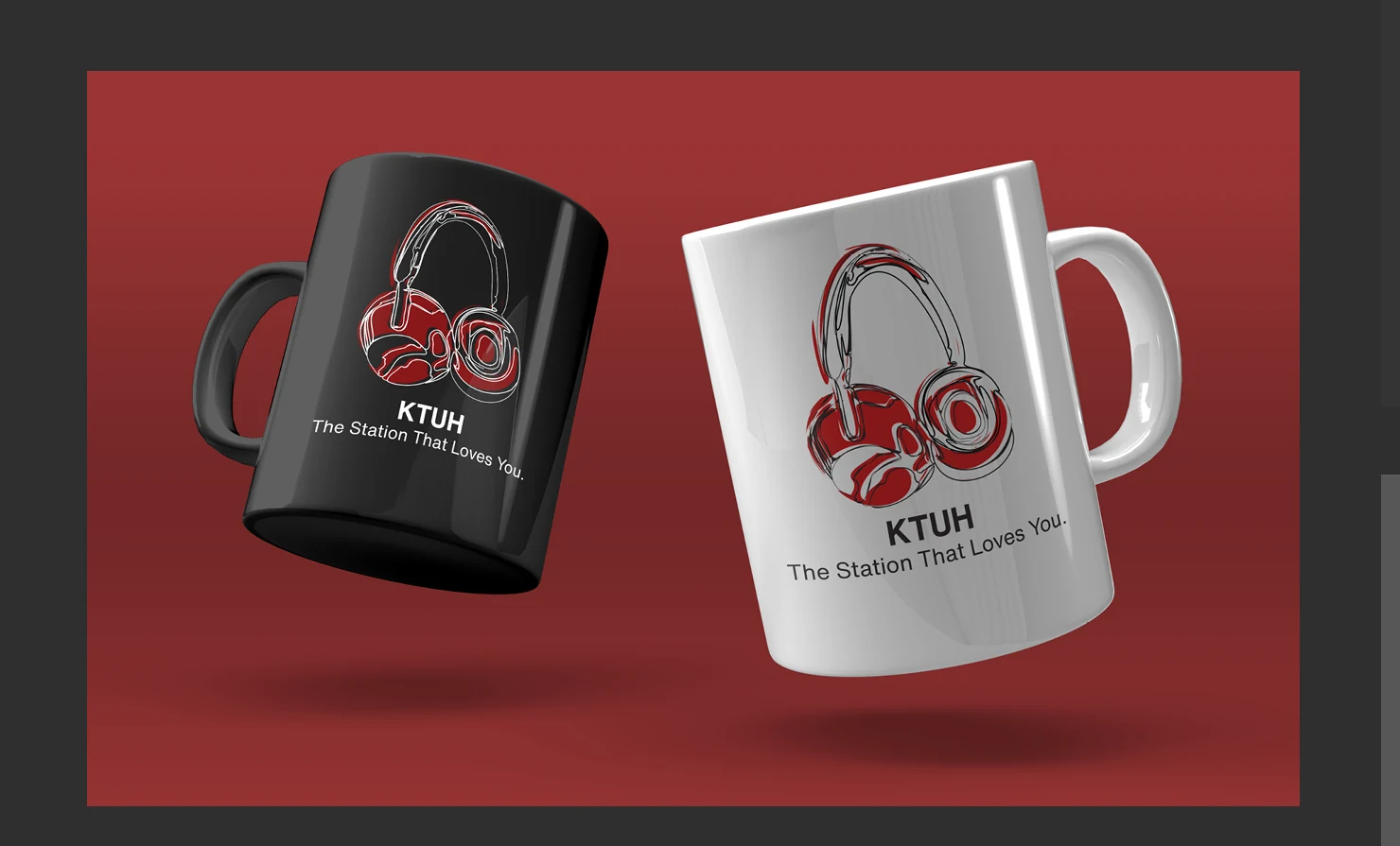 Black and white mugs carrying the KTUH headphone mark and campaign line.
