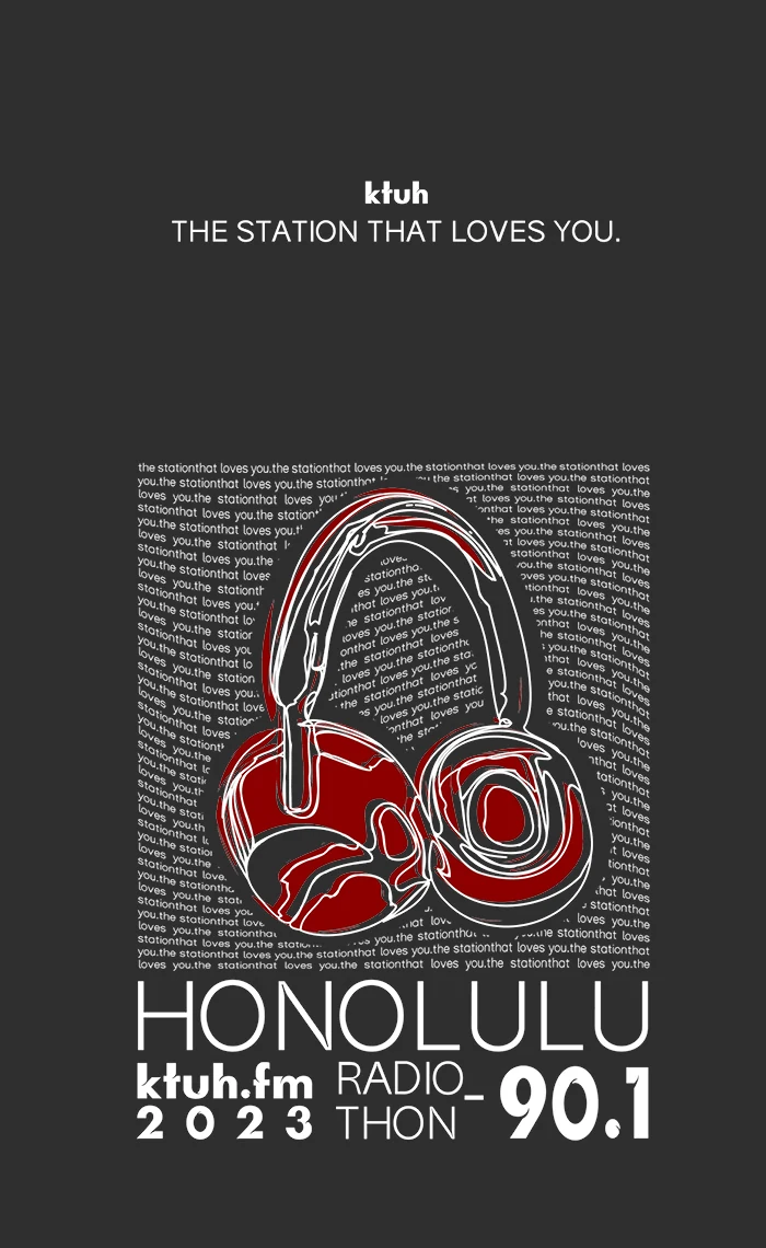 KTUH campaign poster with a red headphone illustration and station details.