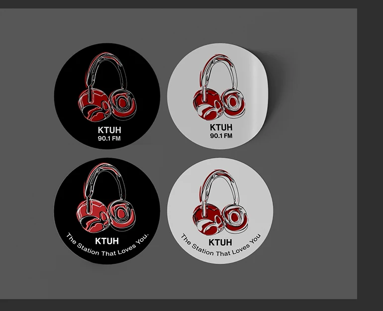 Four circular black and white KTUH campaign sticker variations.
