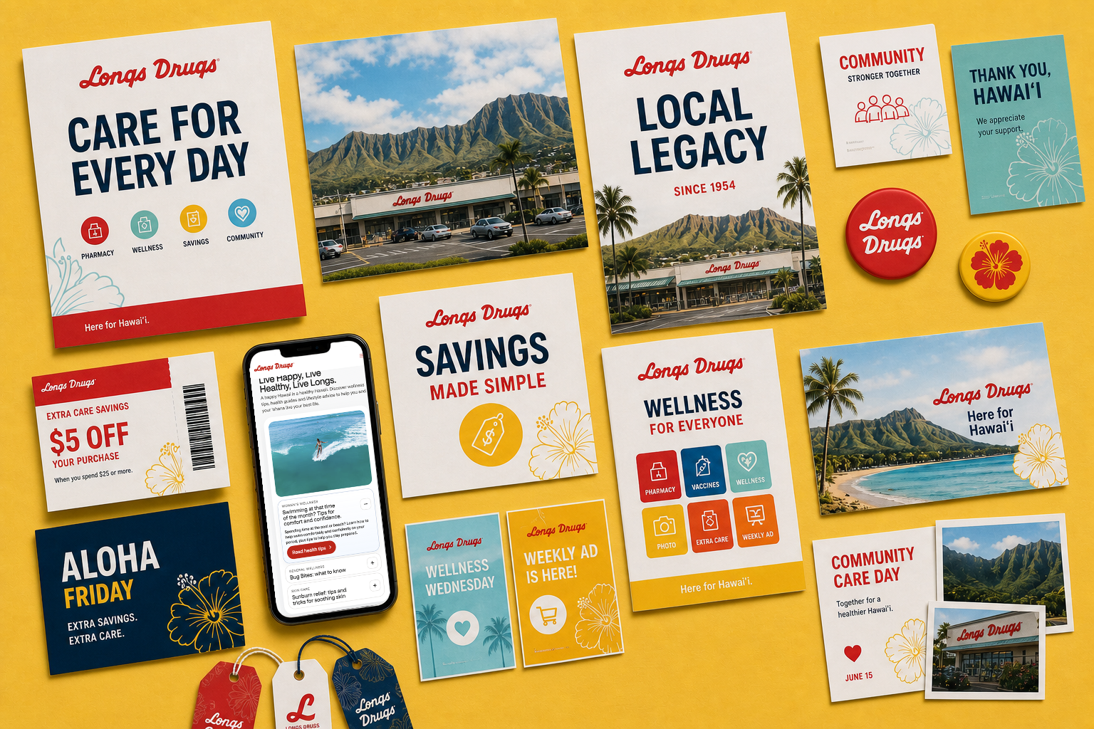 Longs Drugs campaign posters, coupons, community cards, and a phone showing a direct Longs.com store-finder page arranged on yellow.