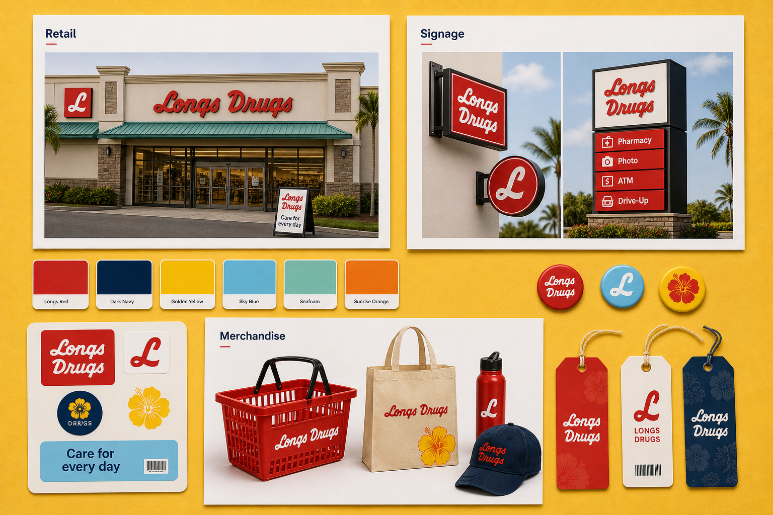 Longs Drugs storefront board, signage board, aligned color chips, tags, basket, tote, bottle, and cap arranged as a retail application system.