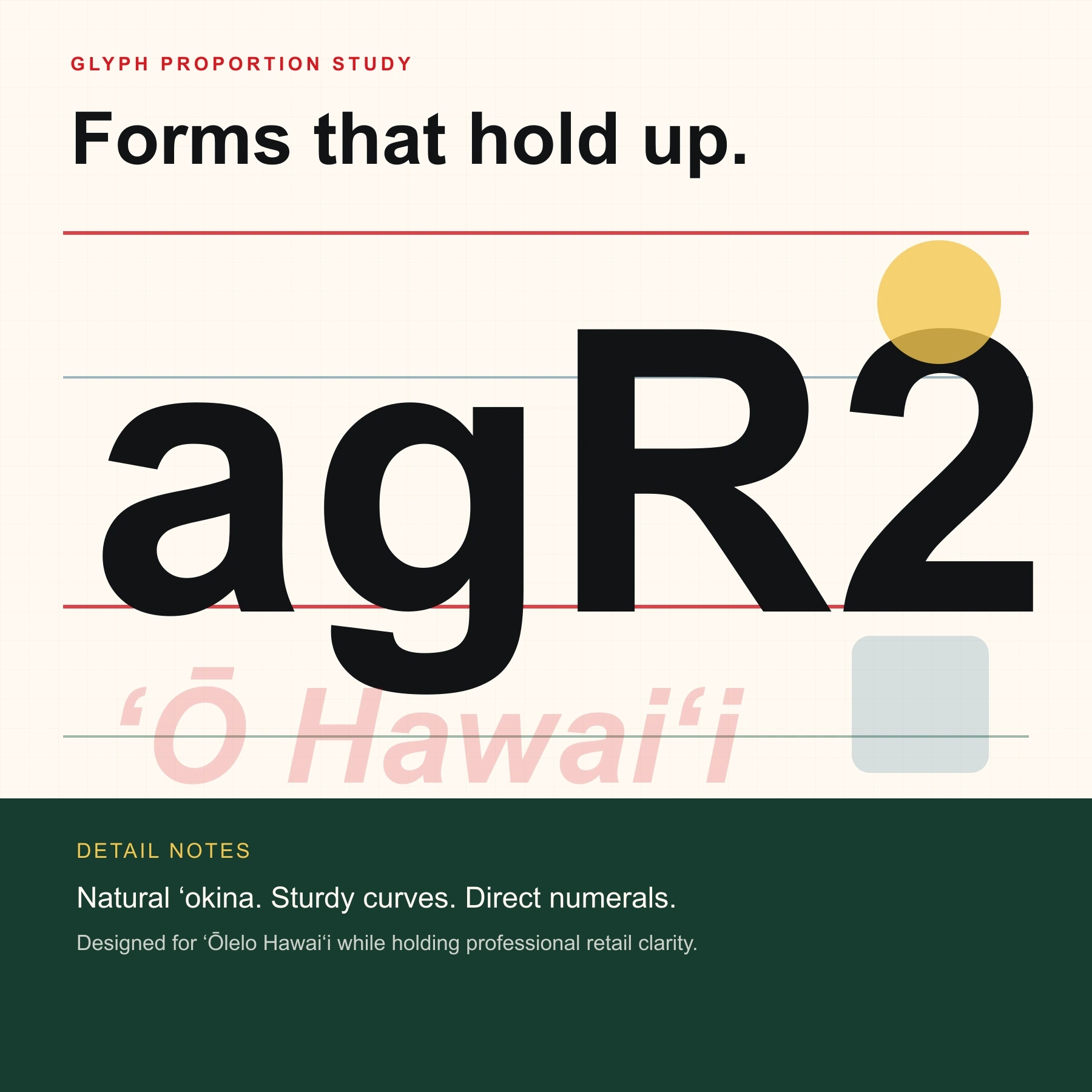 Glyph proportion study with large LD Sans letters, numerals, and ʻokina-focused notes on a measurement grid.