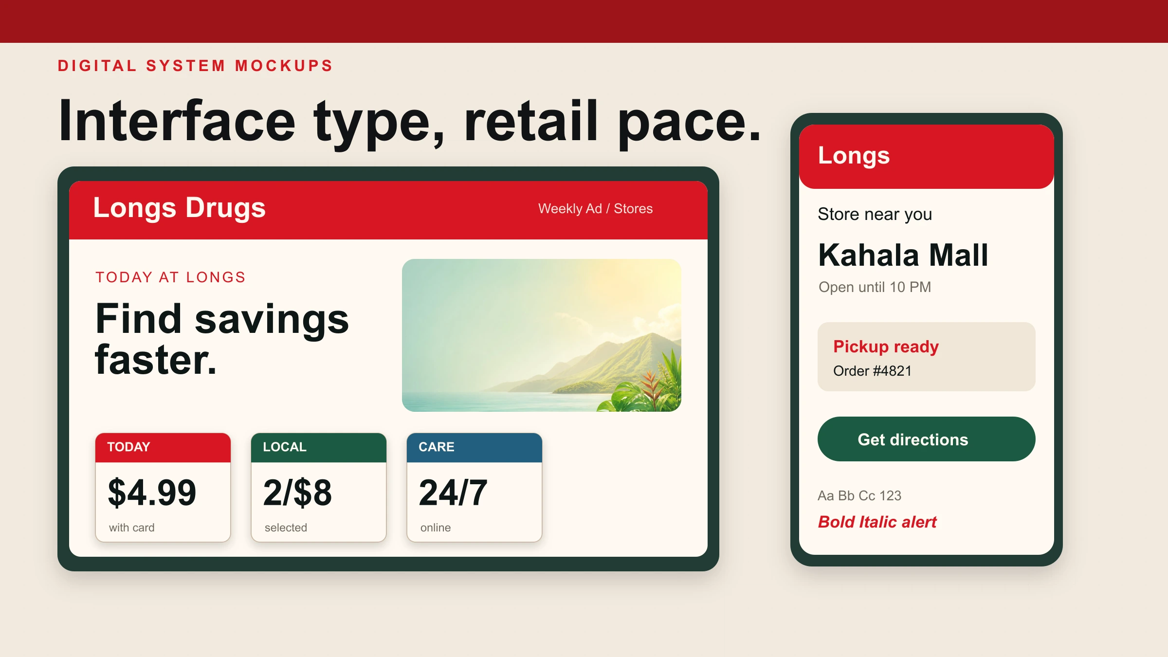 Desktop and mobile interface mockups for Longs Drugs using LD Sans in navigation, cards, and alerts.