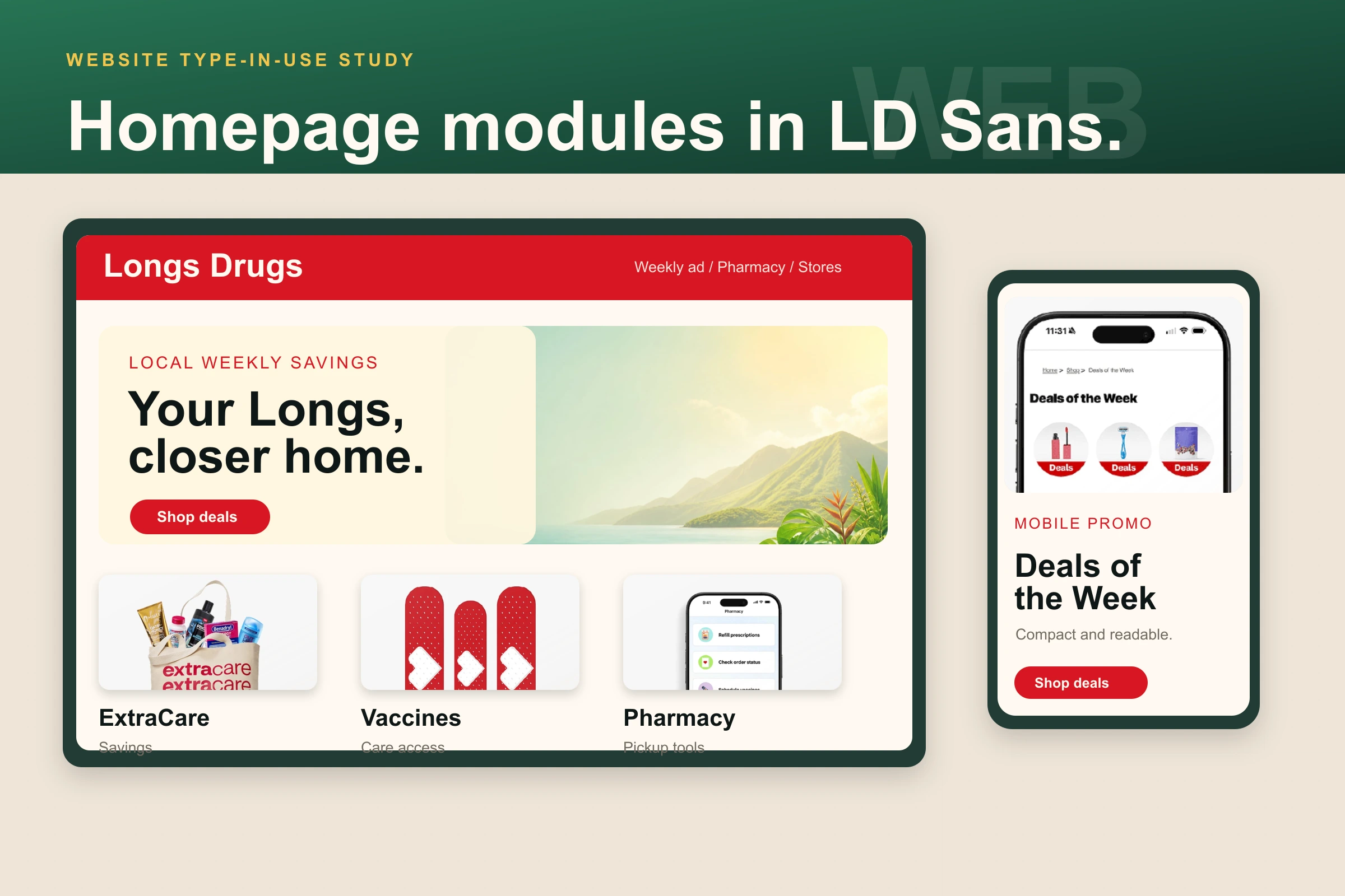 Longs Drugs homepage mockup with LD Sans applied to a hero module, service cards, and mobile deals card using Longs prototype imagery.