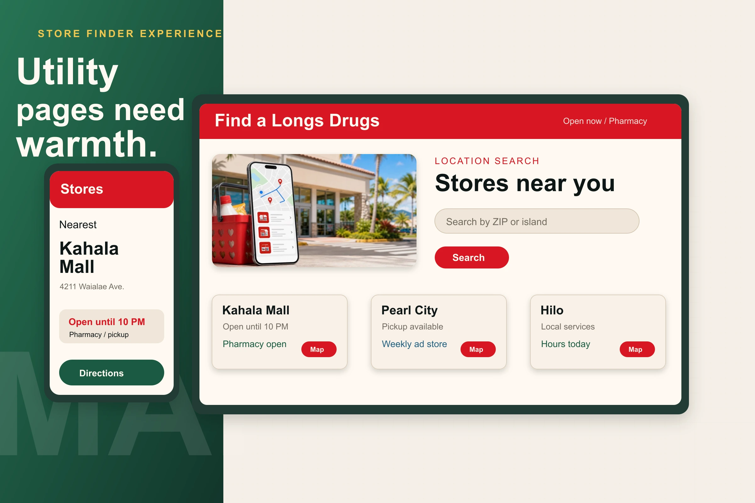 Longs Drugs store finder mockup with LD Sans applied to location search, store cards, and mobile store details.