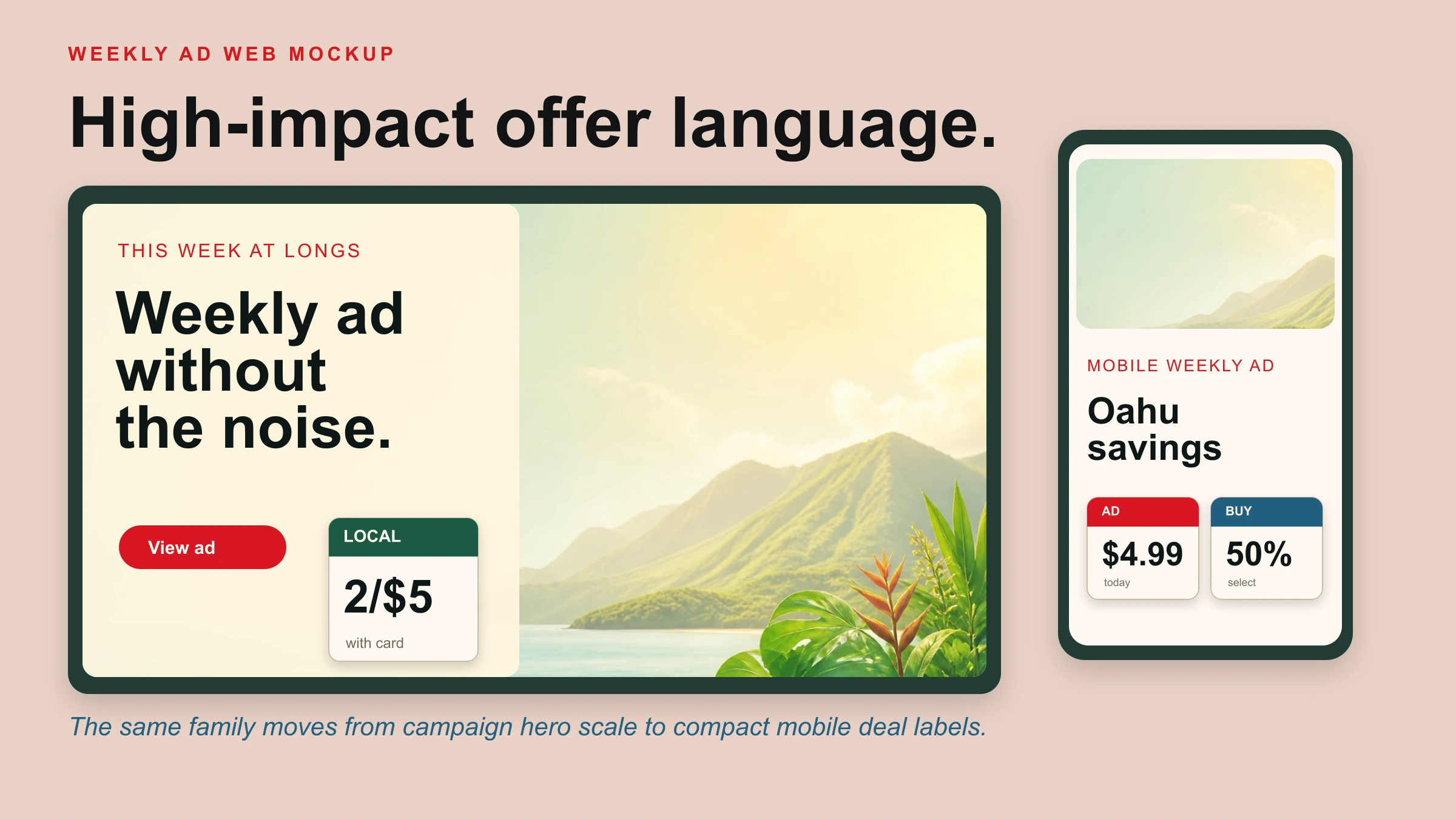 Longs Drugs weekly ad web mockup with LD Sans applied to large offer text, price tags, and a mobile savings layout.