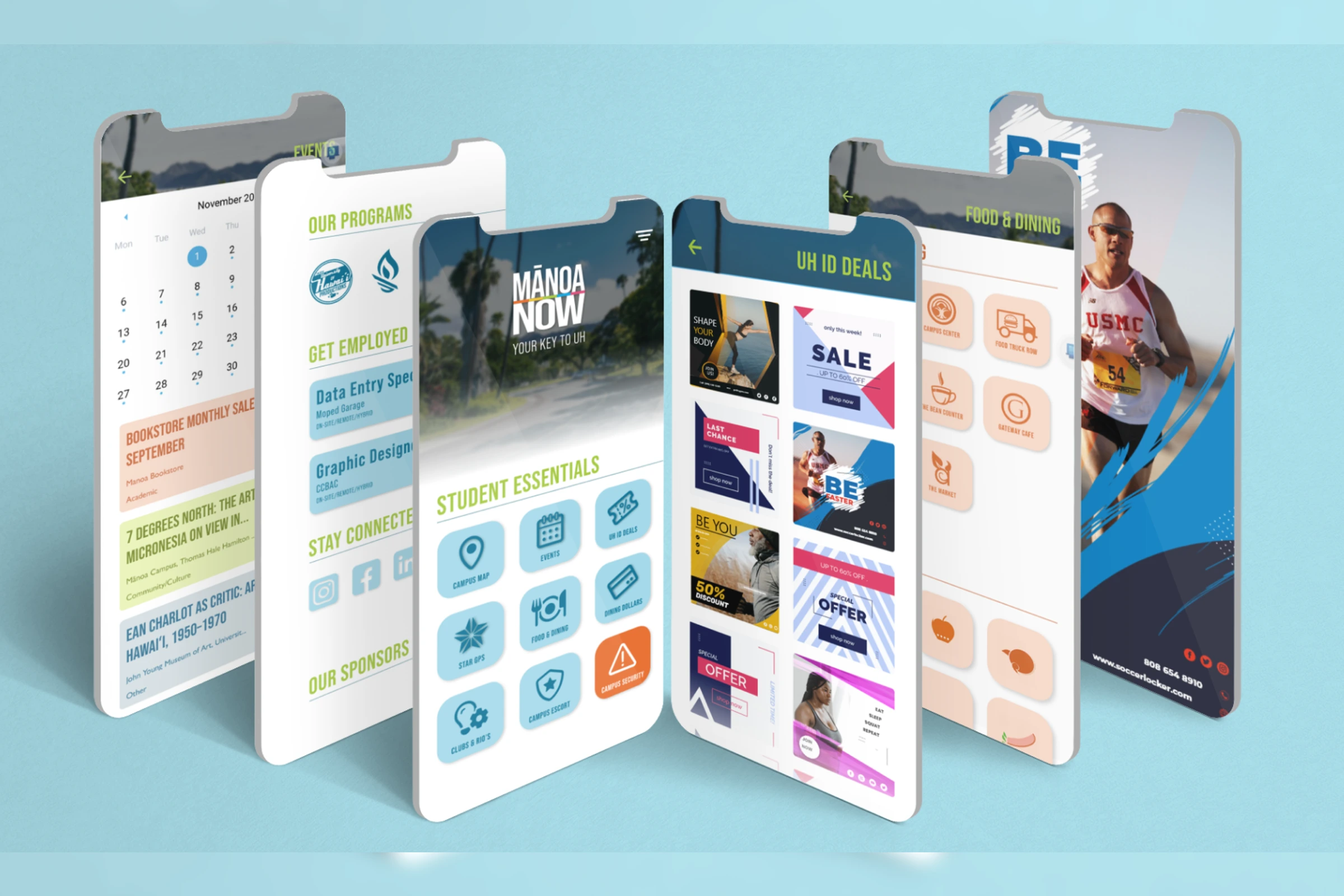 Centered floating mobile app screen mockups for the Manoa Now campus app.