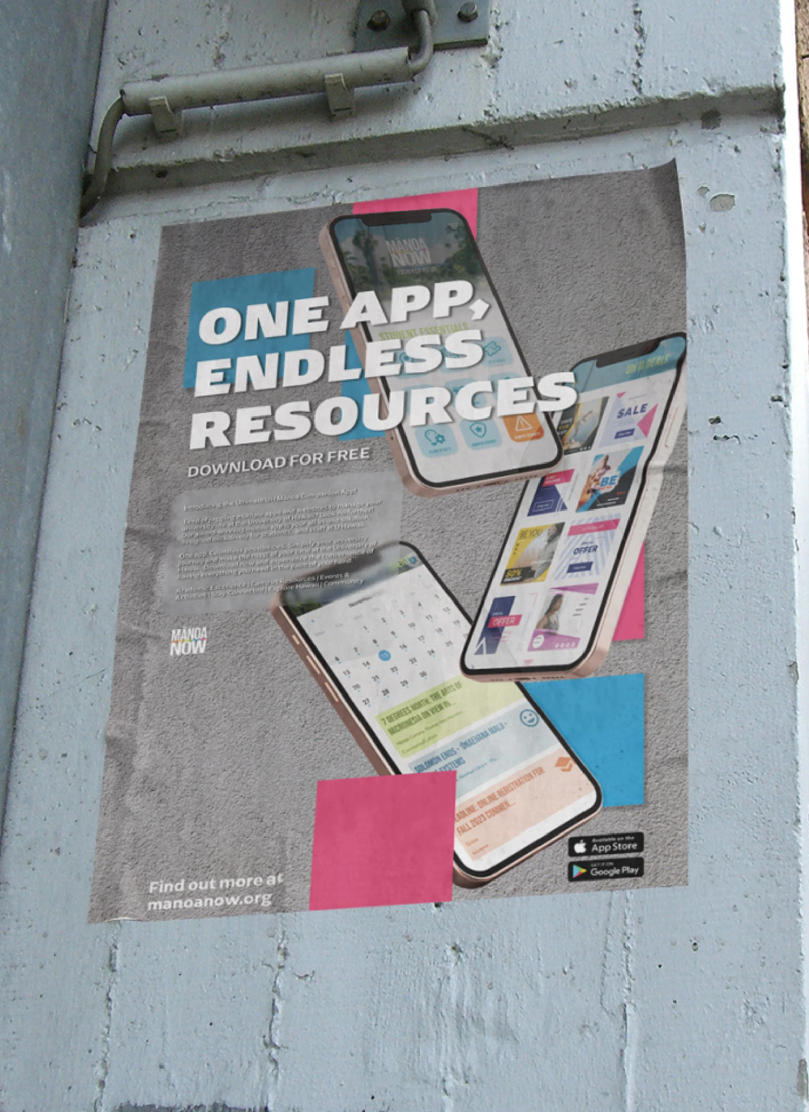 Campus poster promoting the Manoa Now app installed on a wall.