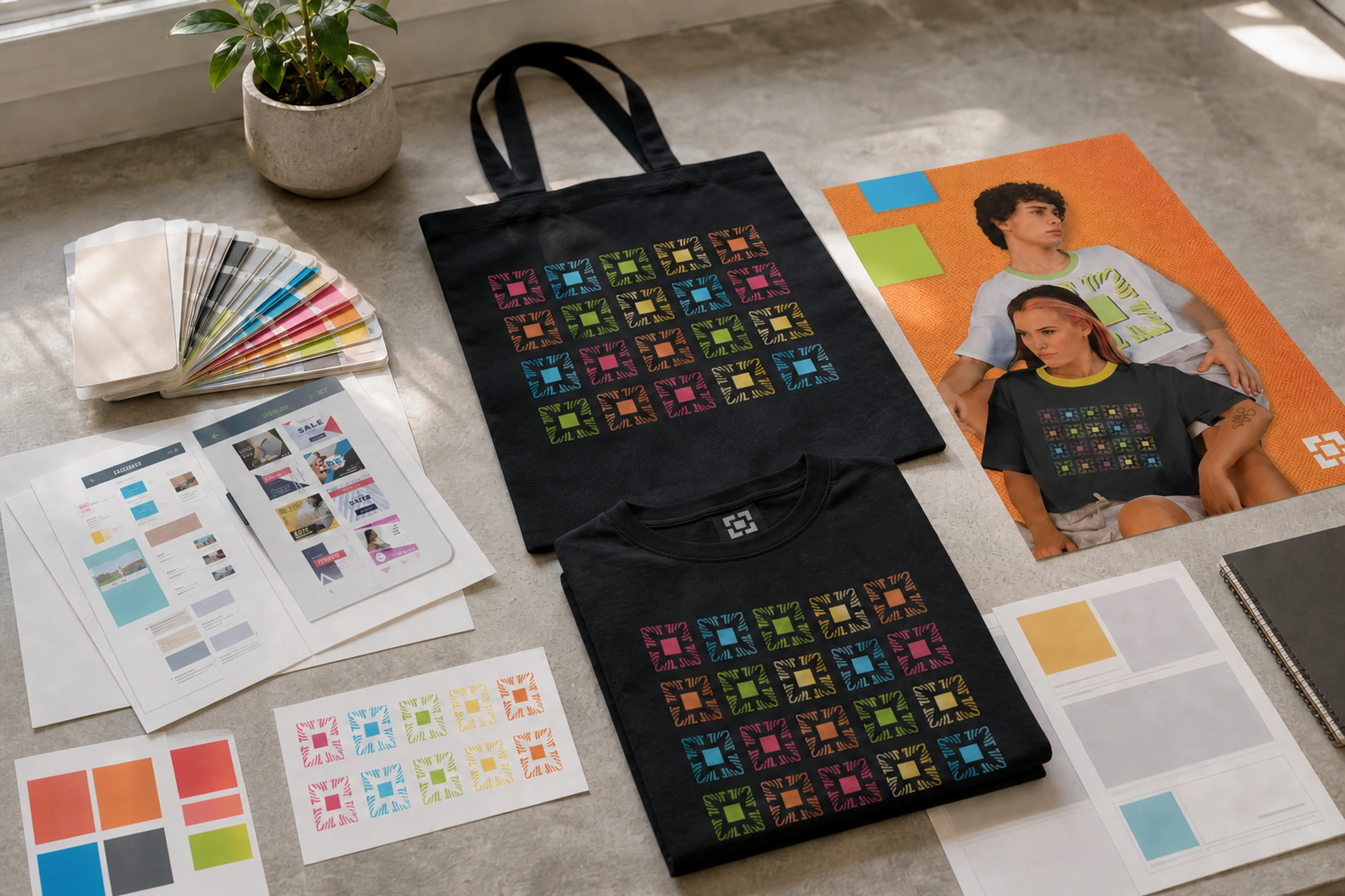 Photoreal studio table showing Manoa Now campaign posters, apparel, app screens, color swatches, and print proofs.