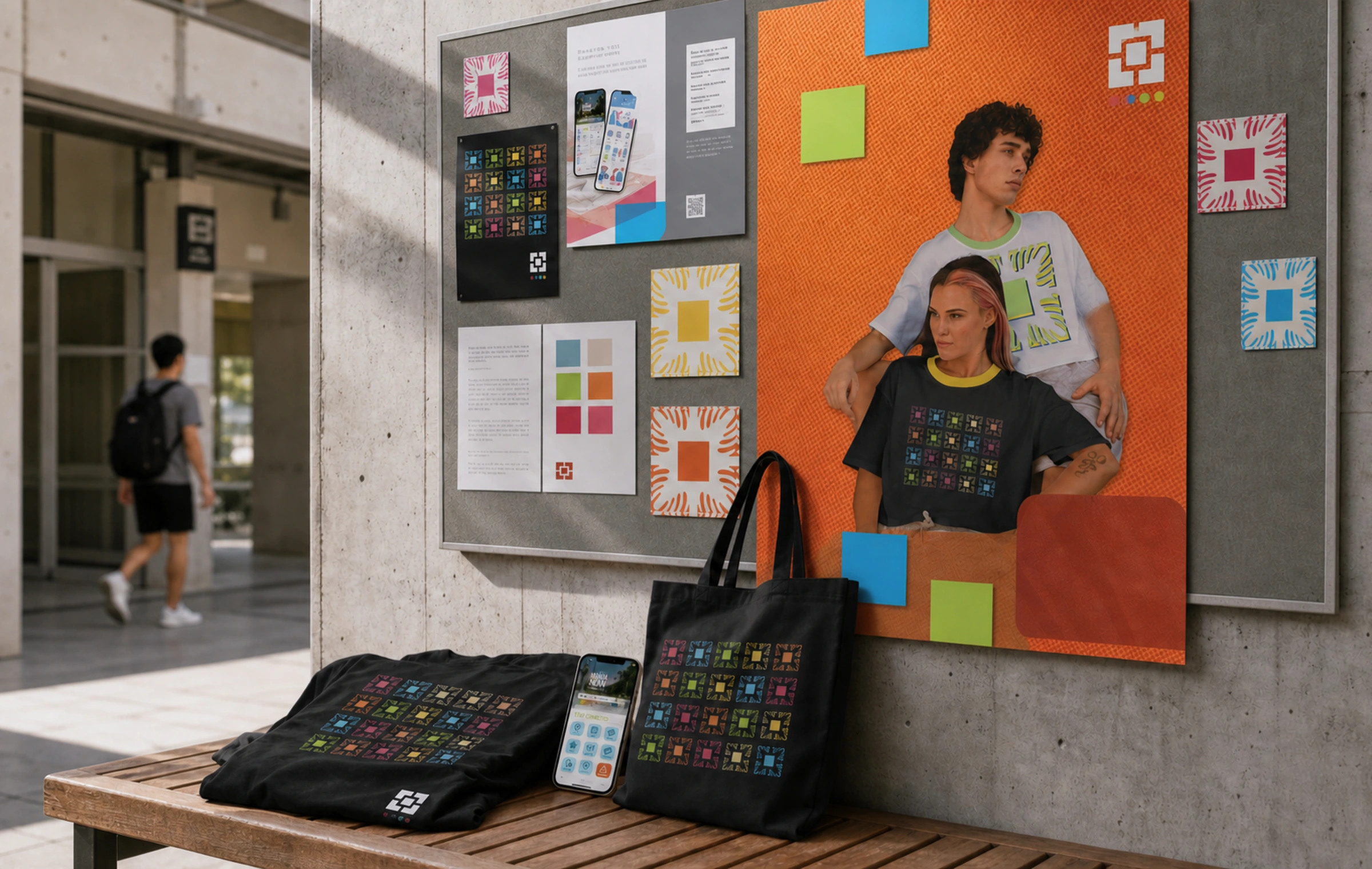 Photoreal campus campaign scene with Manoa Now posters, colorful pattern tiles, merchandise, and app promotion.