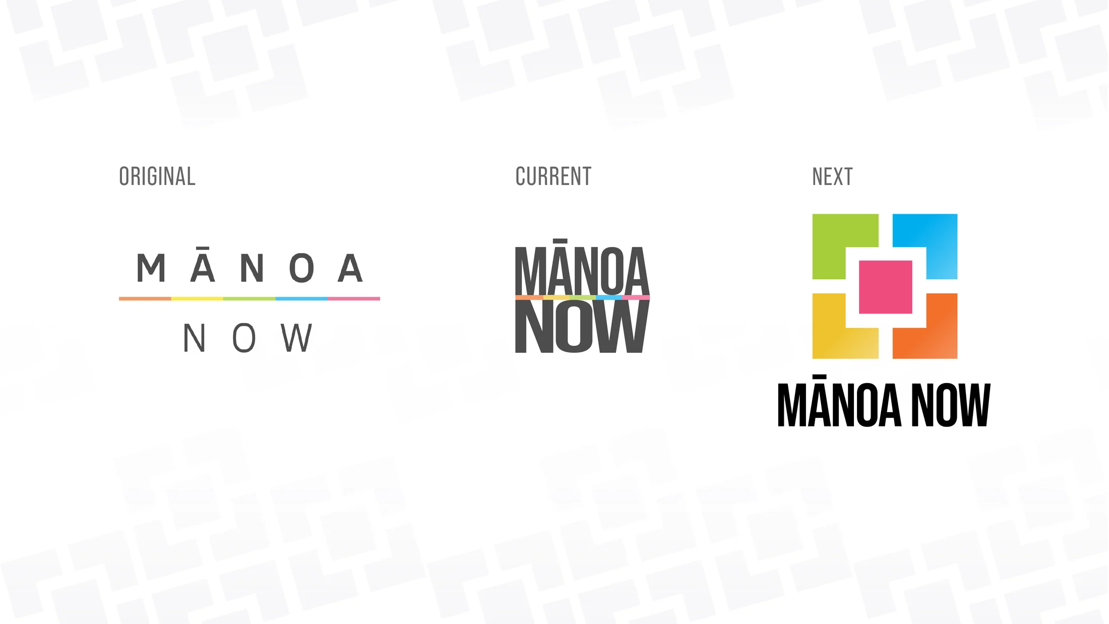 Manoa Now wordmark development and stacked logo studies.
