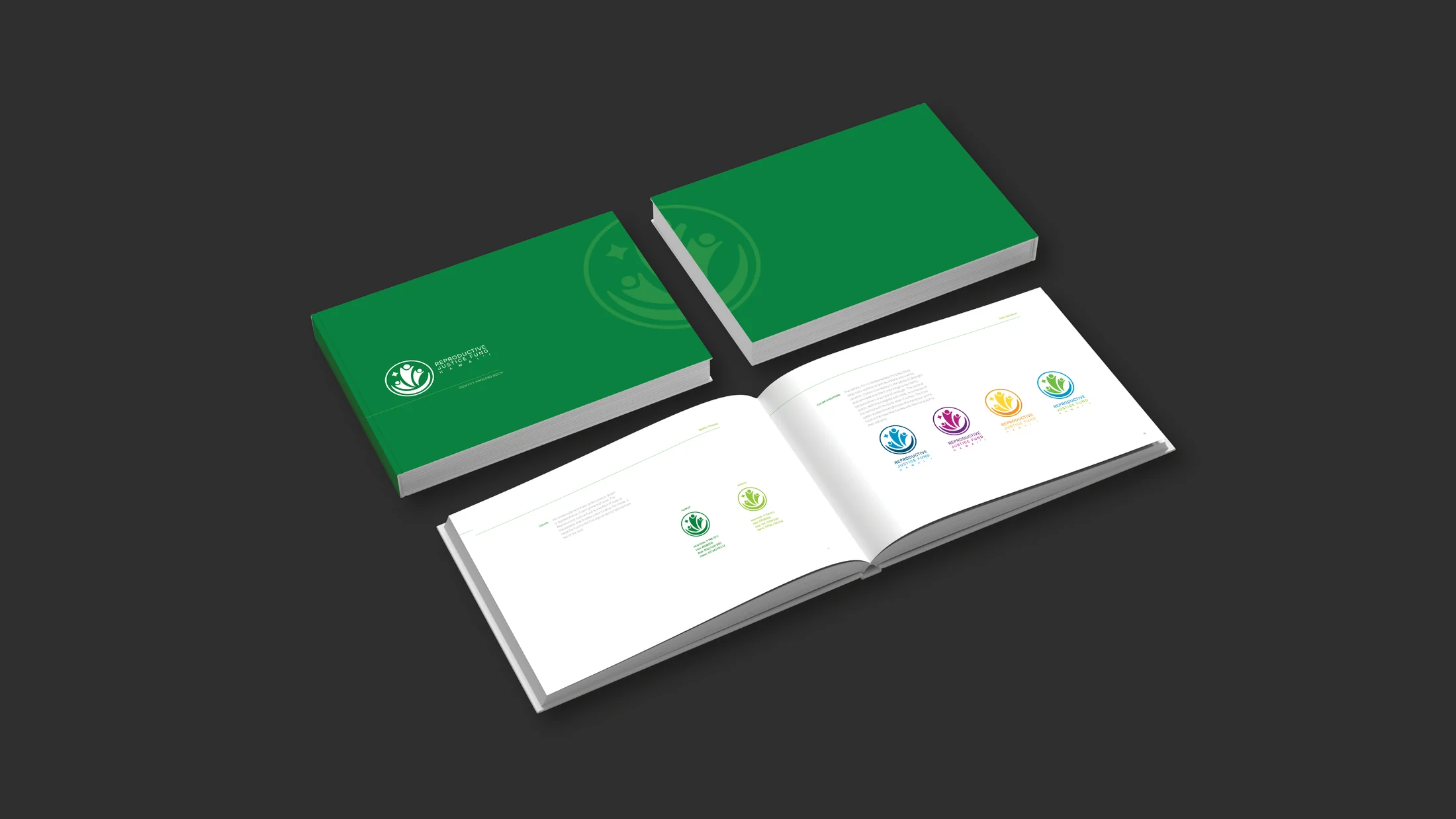 Green and white Reproductive Justice Fund stationery mockups.