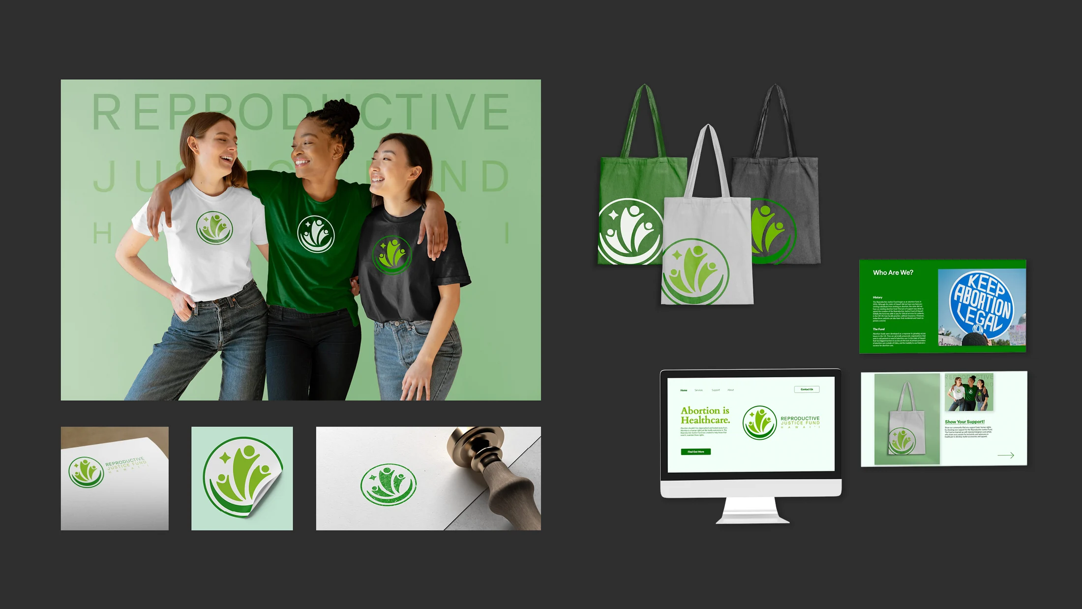 Reproductive Justice Fund campaign applications on apparel, bags, posters, and screens.