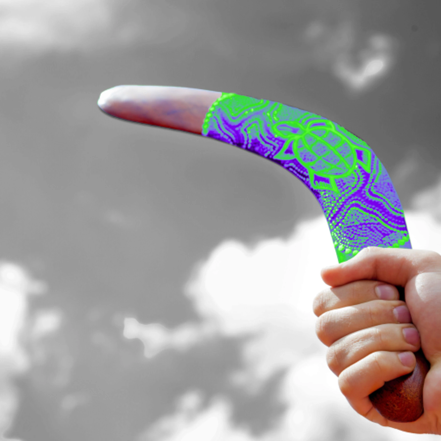 Purple and green patterned boomerang held against a cloudy sky.
