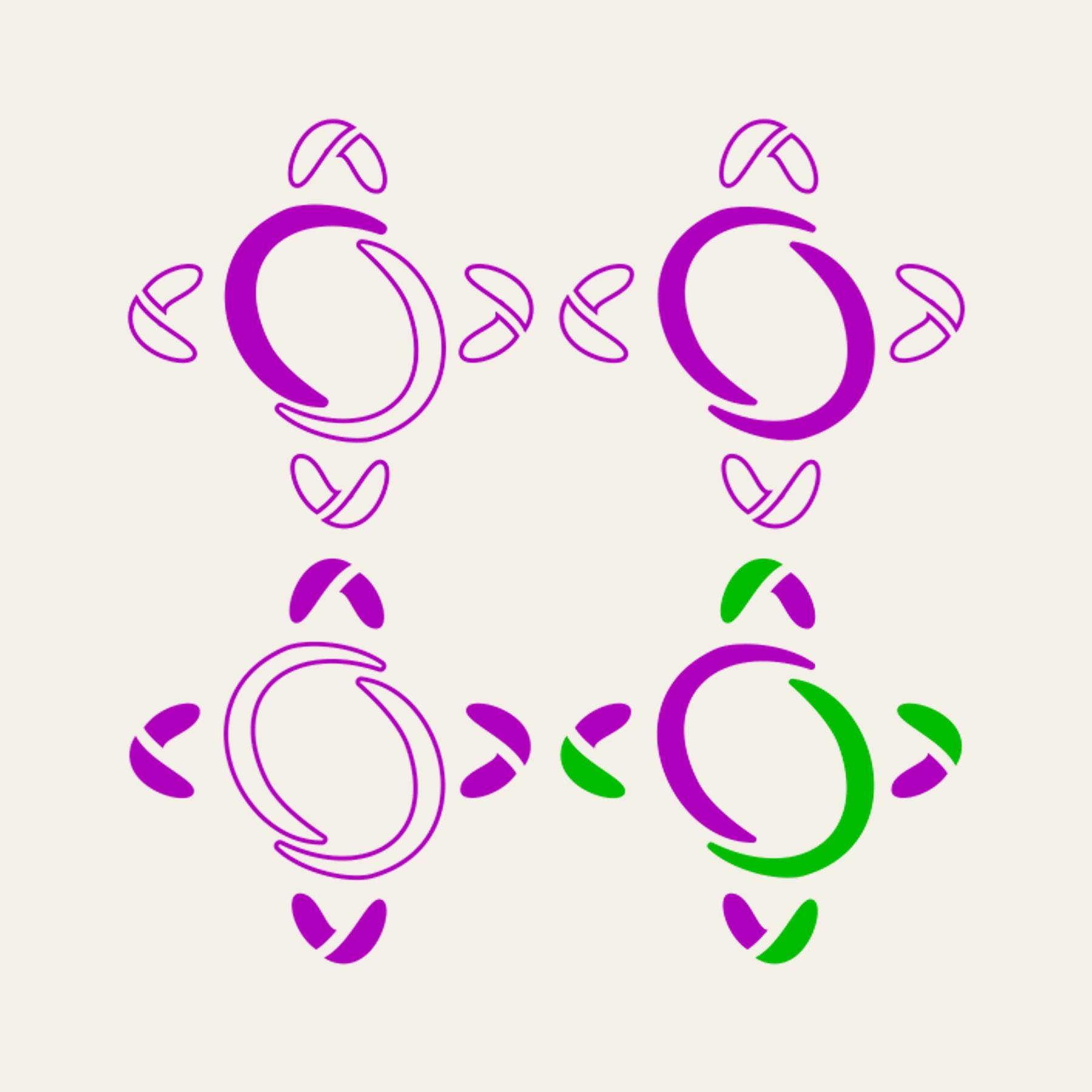 Four purple and green Big West symbol variations on a warm background.