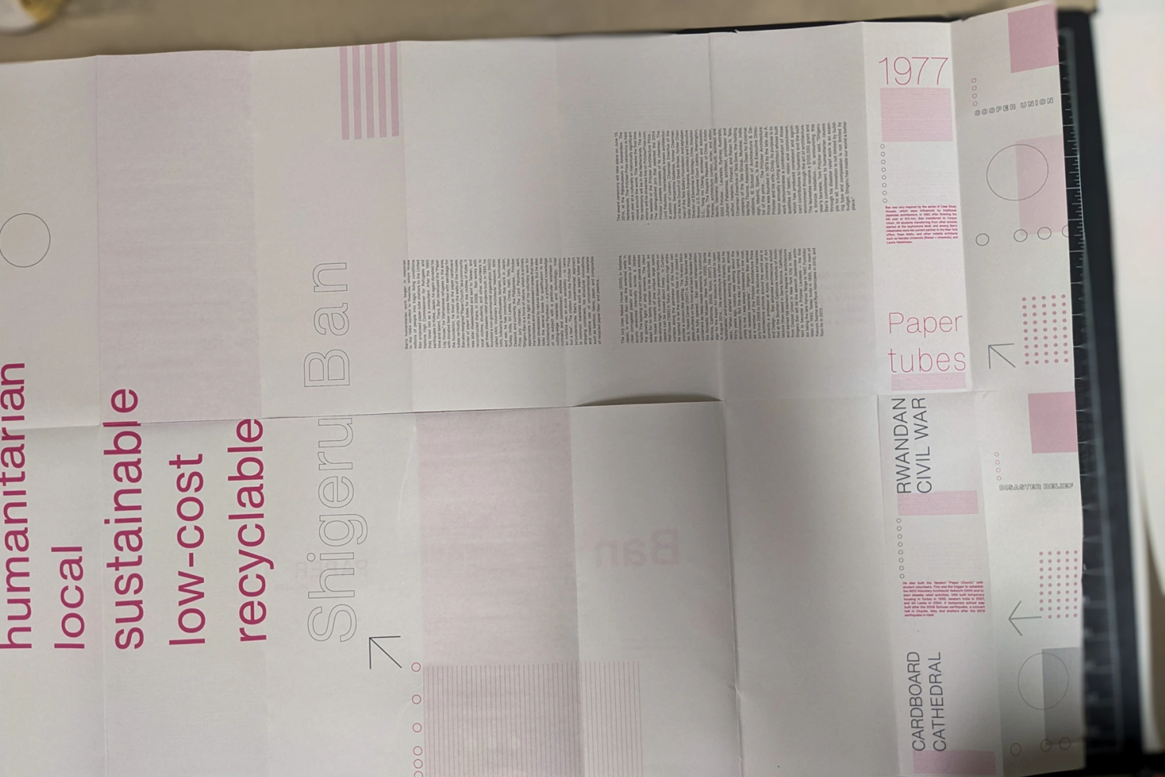Close view of a Paper Palaces foldout sheet with magenta typography.